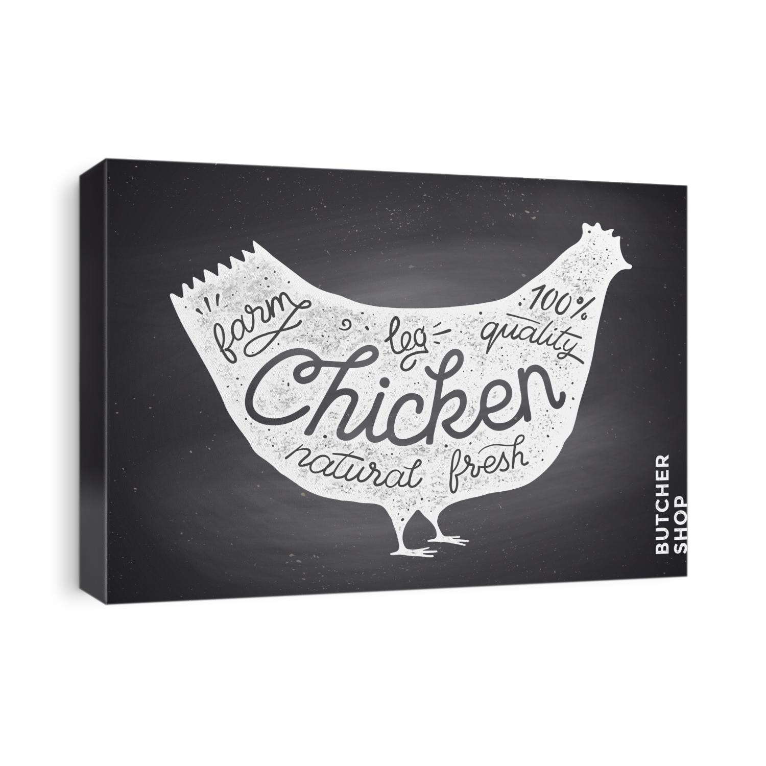 Trendy illustration with red chicken silhouette and words Farm, fresh, natural, leg. Creative graphic design for butcher shop, farmer market. Poster for meat related theme. Vector Illustration