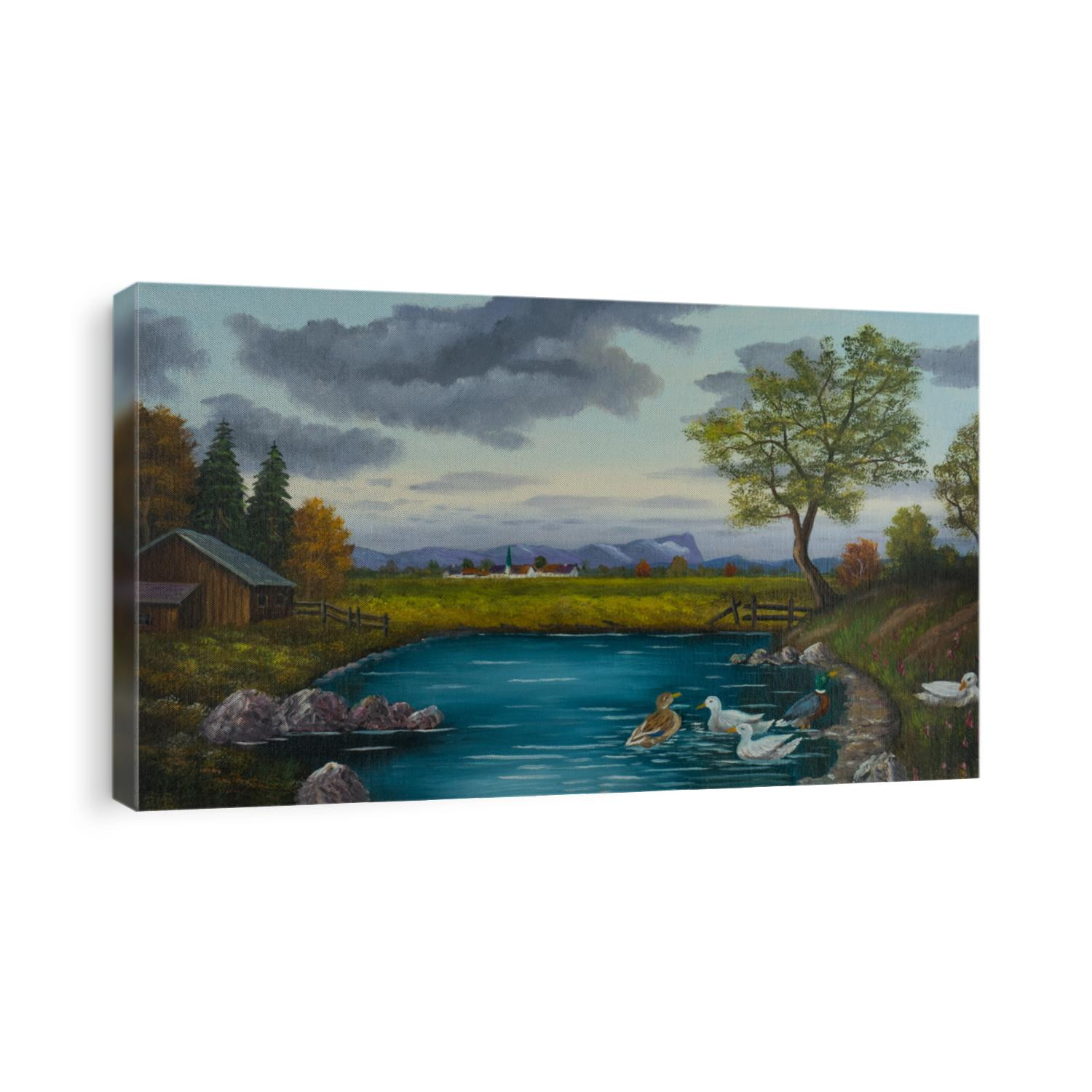 Oilpainting with ducks in a pond near a village behind a meadow