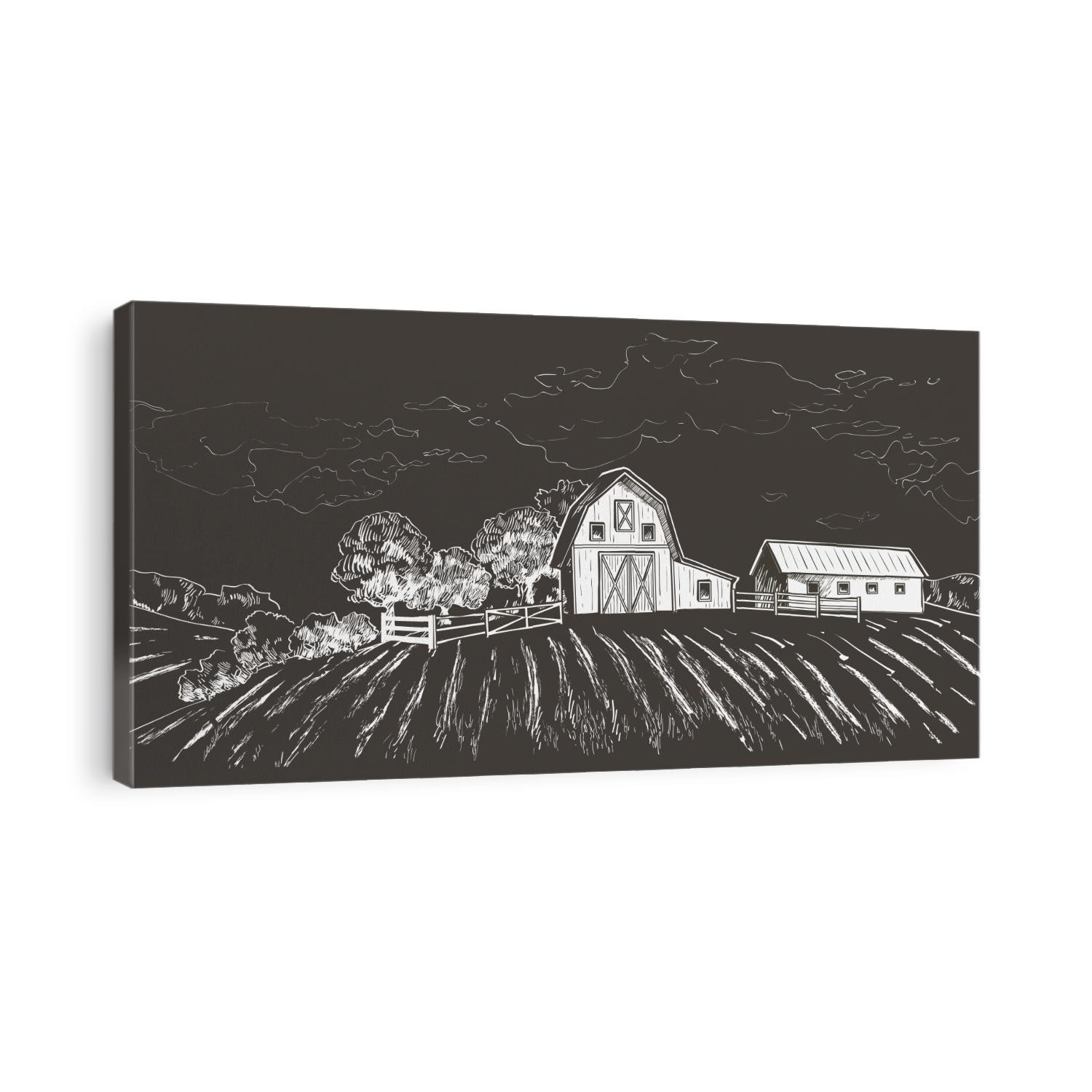 Rural landscape with field wheat, Old Barn, house, trees, windmills, animals, cows, silage tower forest panorama. chalk drawing on the blackboard vector illustration Countryside