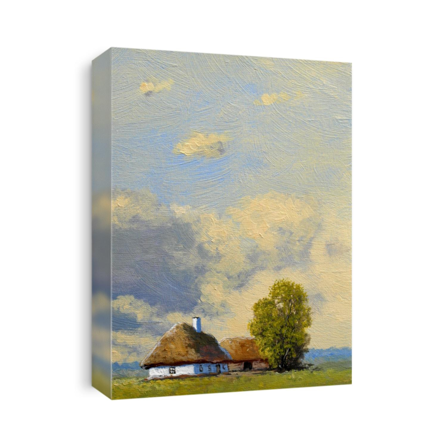 Oil paintings rural landscape, old village, house on the lake. Fine art.