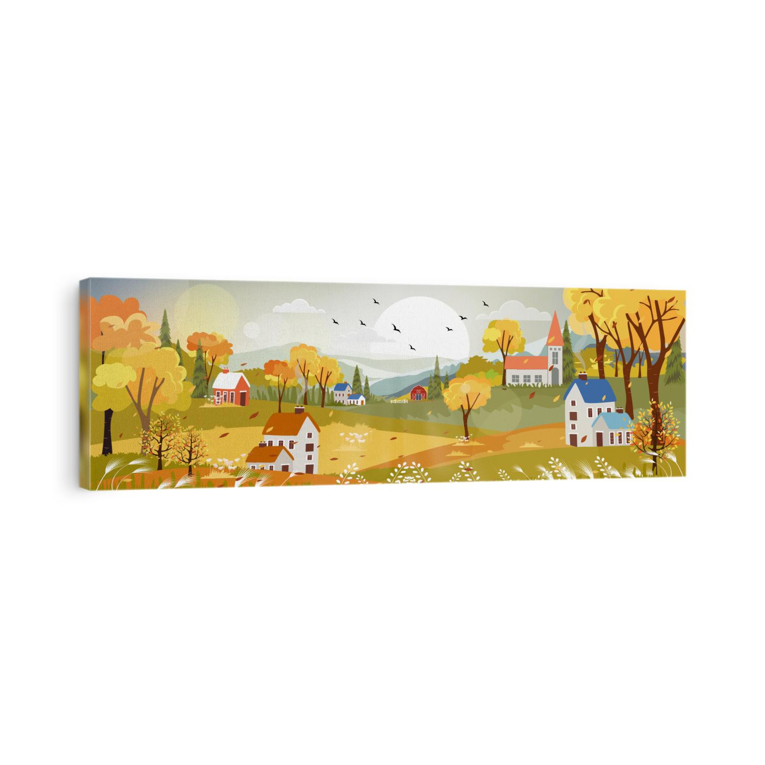 Fantasy panorama landscapes of Countryside in autumn,Panoramic of mid autumn with farm field, mountains, wild grass and leaves falling from trees in yellow foliage. Wonderland landscape in fall season