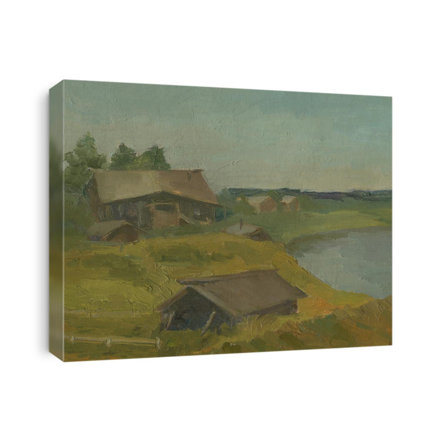 Oil painting landscape.  Picturesque sketch from nature. Old northern houses in a village near the river.