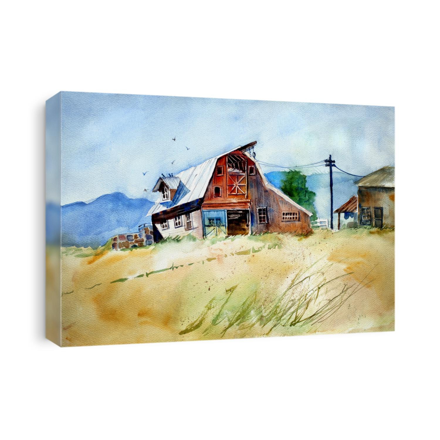 original art, watercolor painting of rural barn