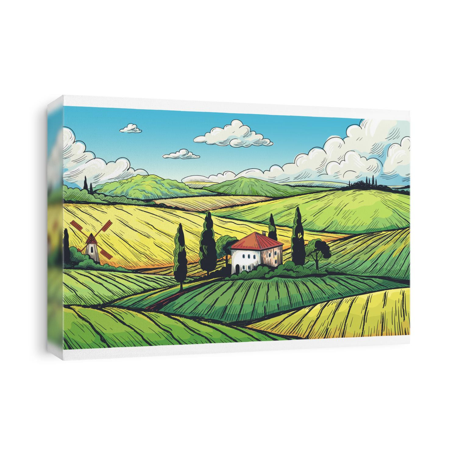 Countryside landscape. Organic farm field sketch with rural farmhouse, fields on hills and village. Vector illustration label with paintings country meadow and farmland