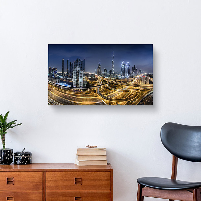 Panorama of the Burj Khalifa and massive interchange of Dubai Canvas