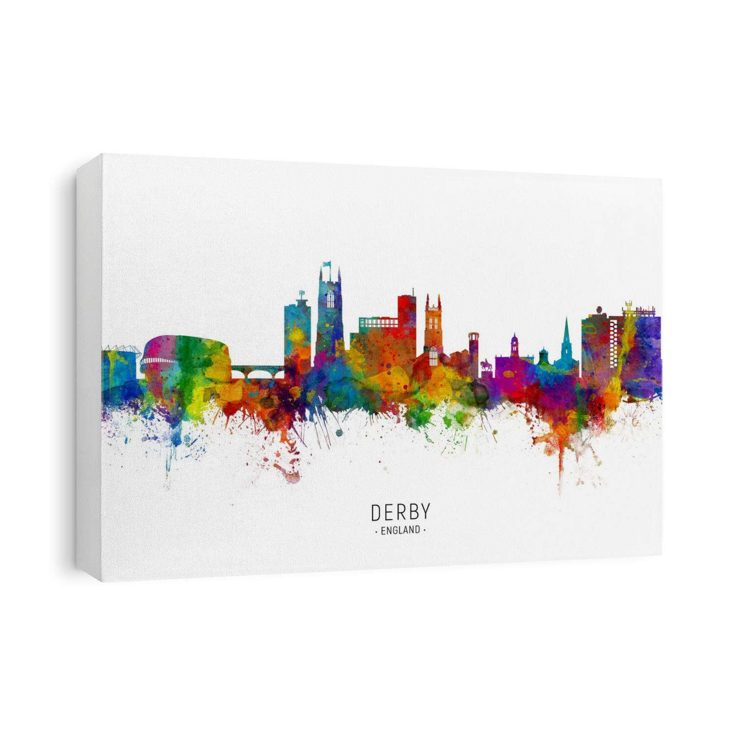 Watercolor art print of the skyline of Derby, England, United Kingdom