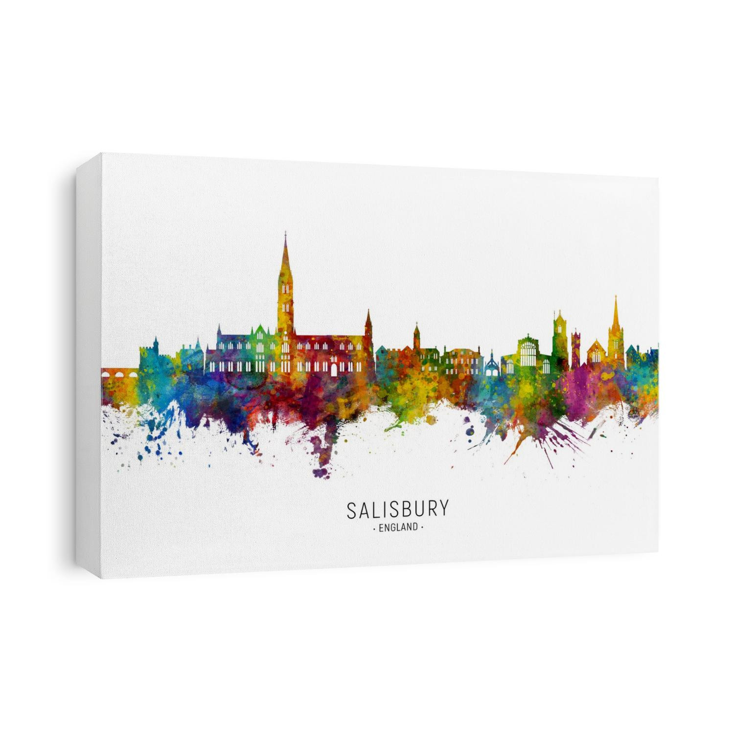 Watercolor art print of the skyline of Salisbury, England, United Kingdom