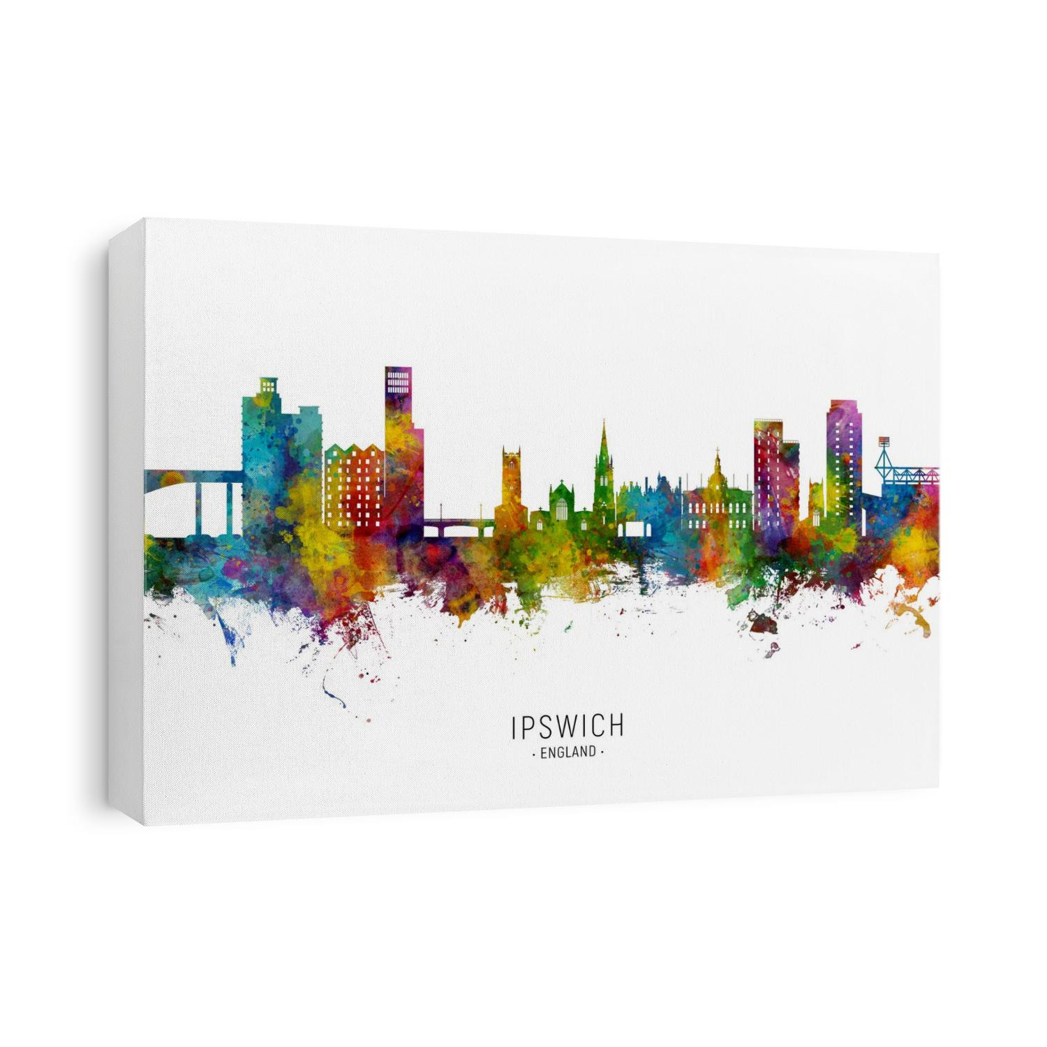 Watercolor art print of the skyline of Ipswich, England, United Kingdom