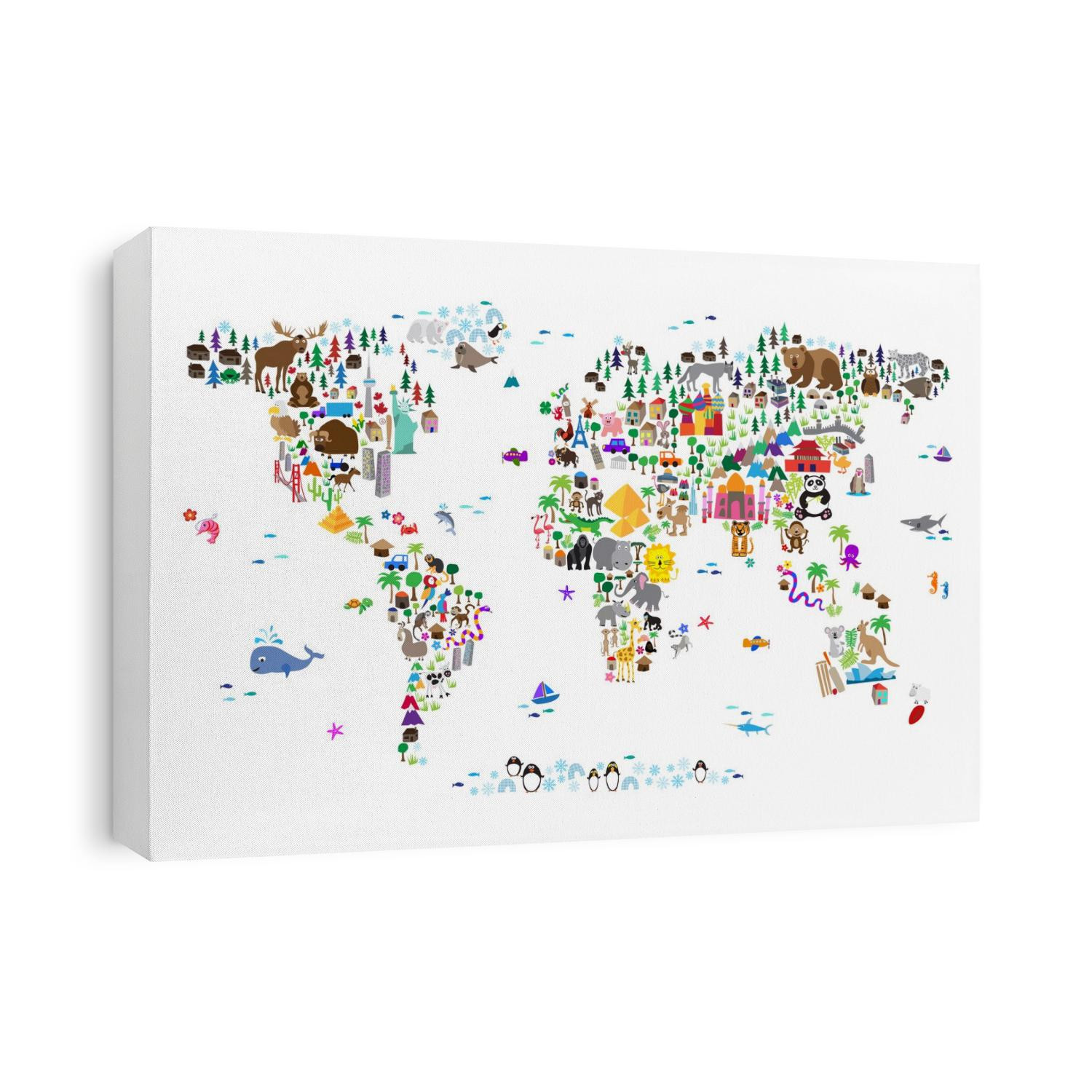A map of the world featuring cartoon animals, famous landmarks, and buildings. A colorful, fun and exciting map for any young child to engage their imaginations. White Background.