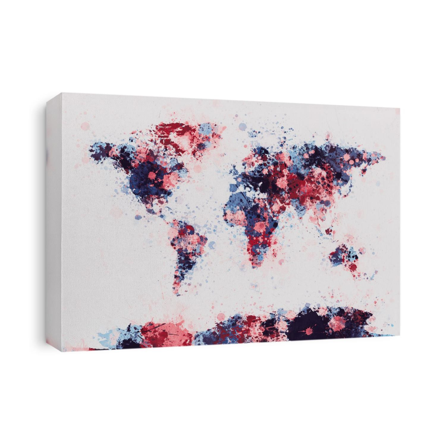 Map of the world made from a mixture of colbalt blue and carmine red paint splashes.