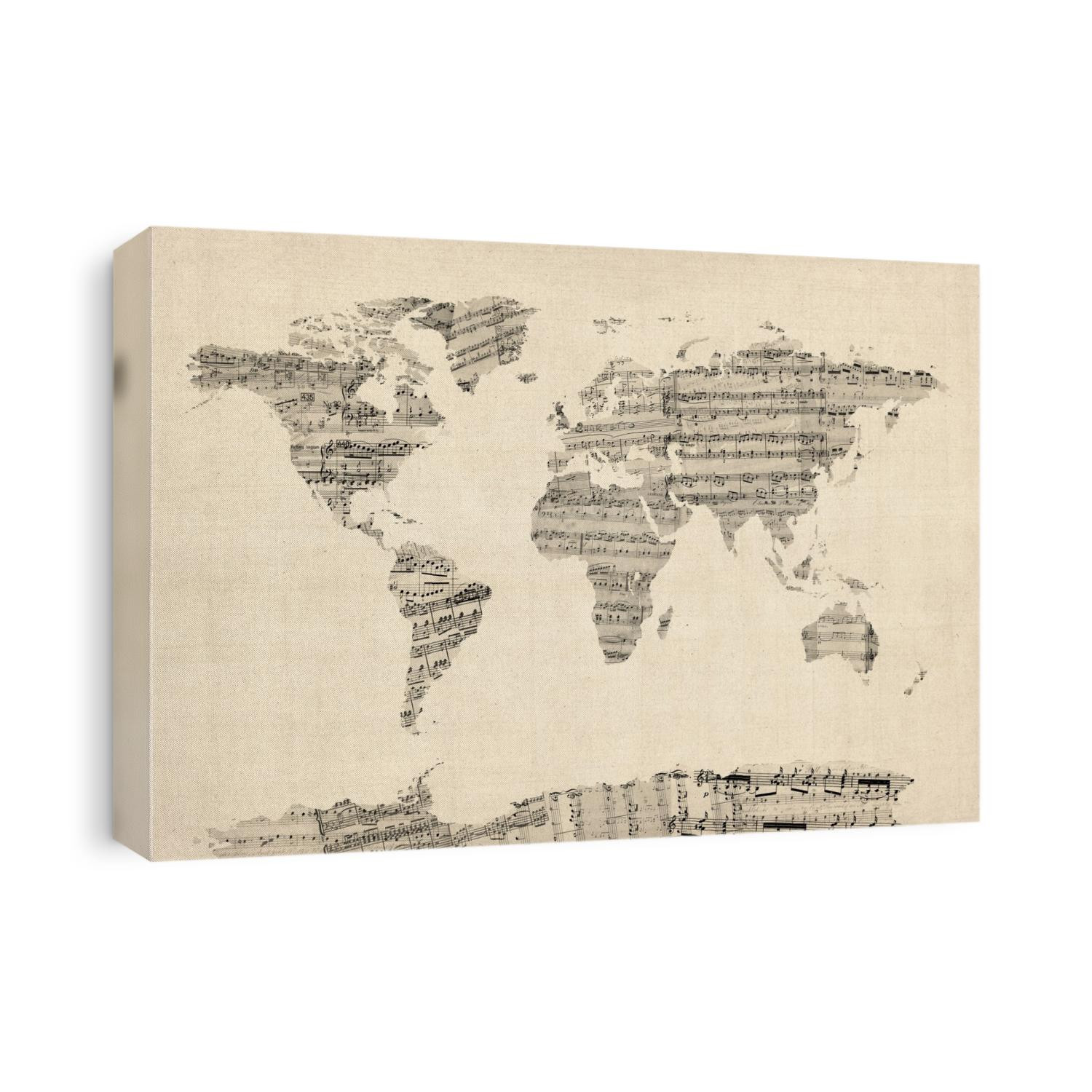 A map of the world made from a collage of old and vintage sheet music, including some handwritten scores and notes, on an antique style background.