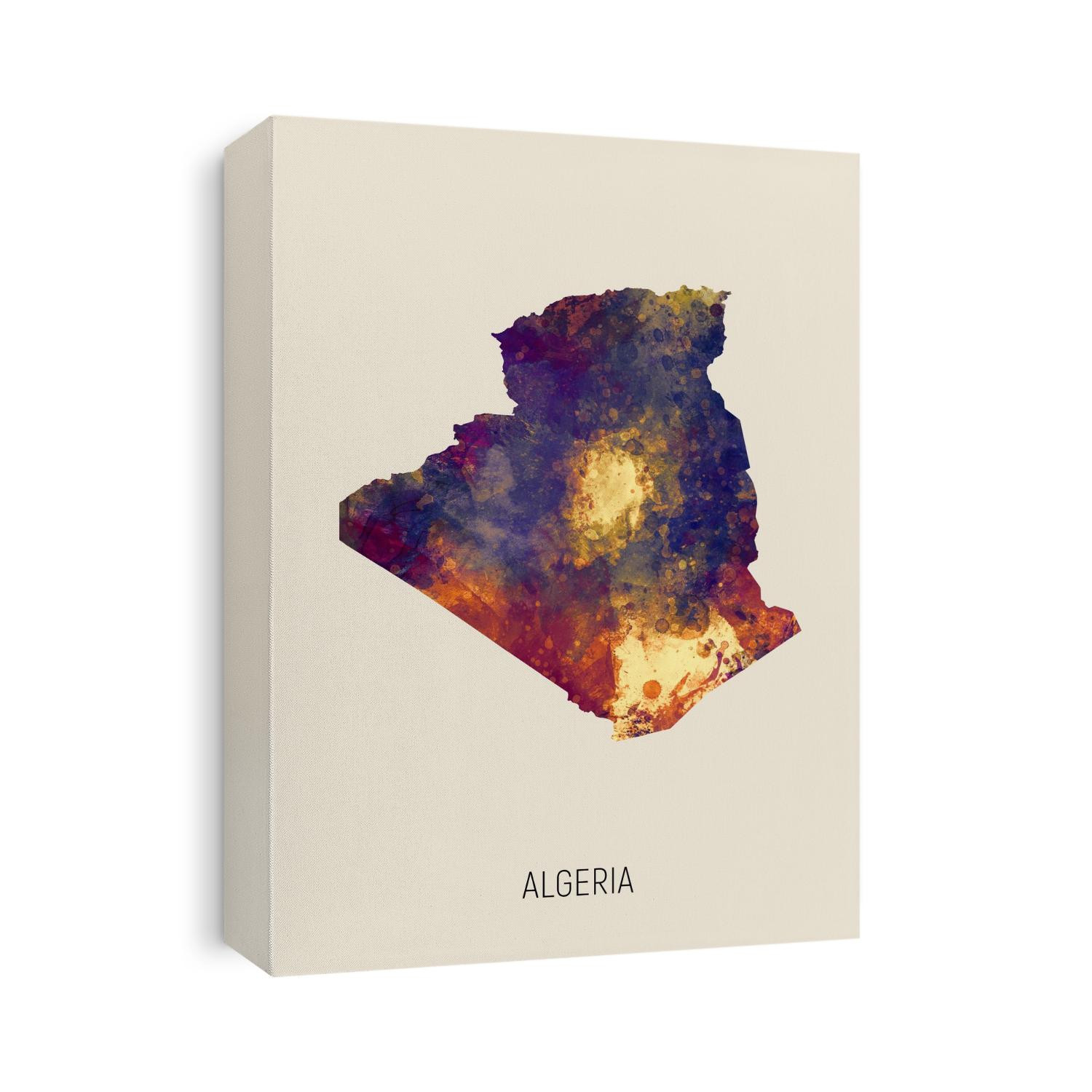 A watercolor map of Algeria