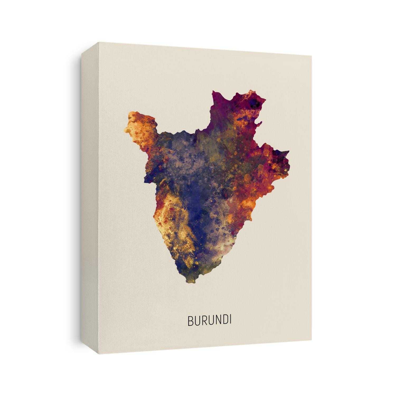 A watercolor map of Burundi