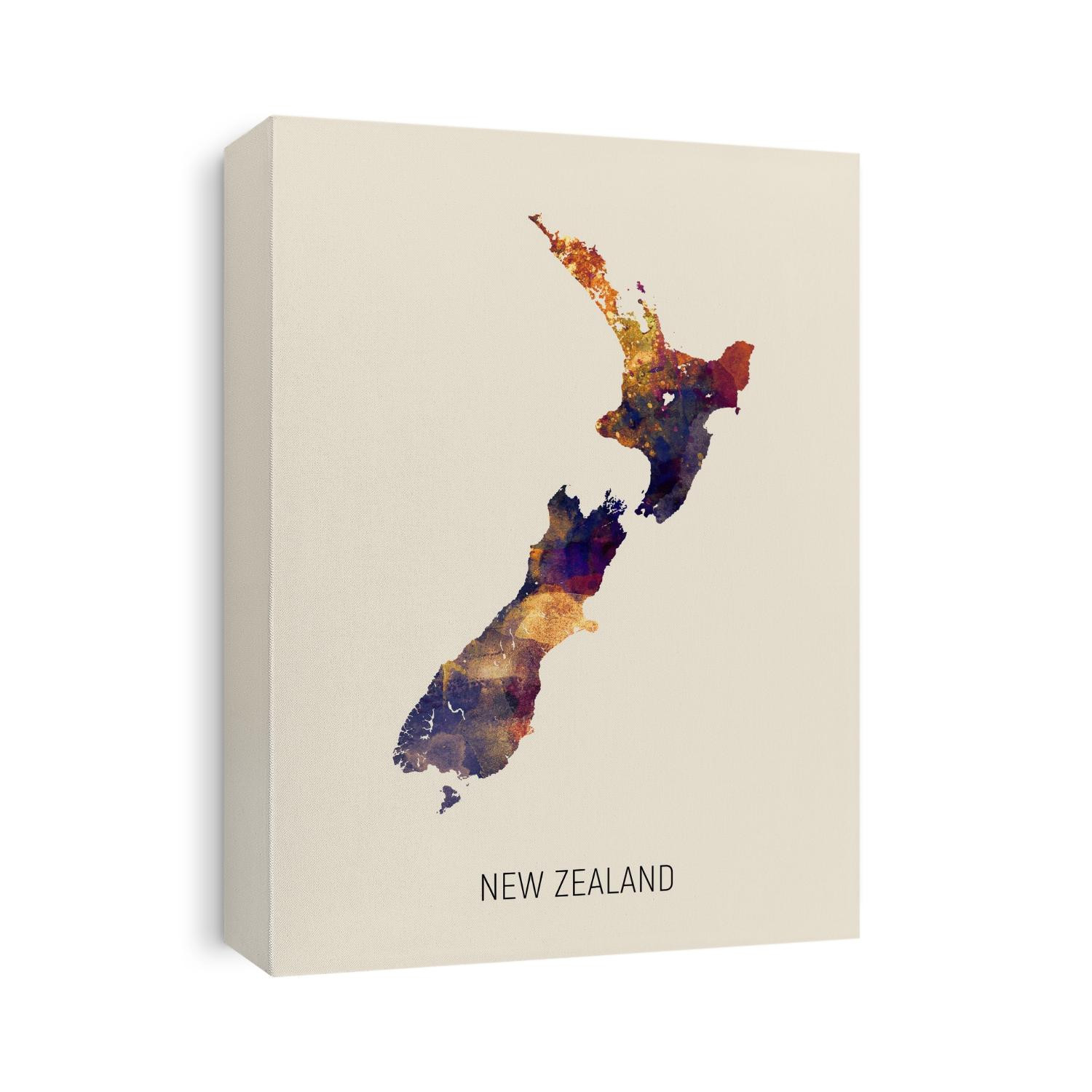 A watercolor map of New Zealand