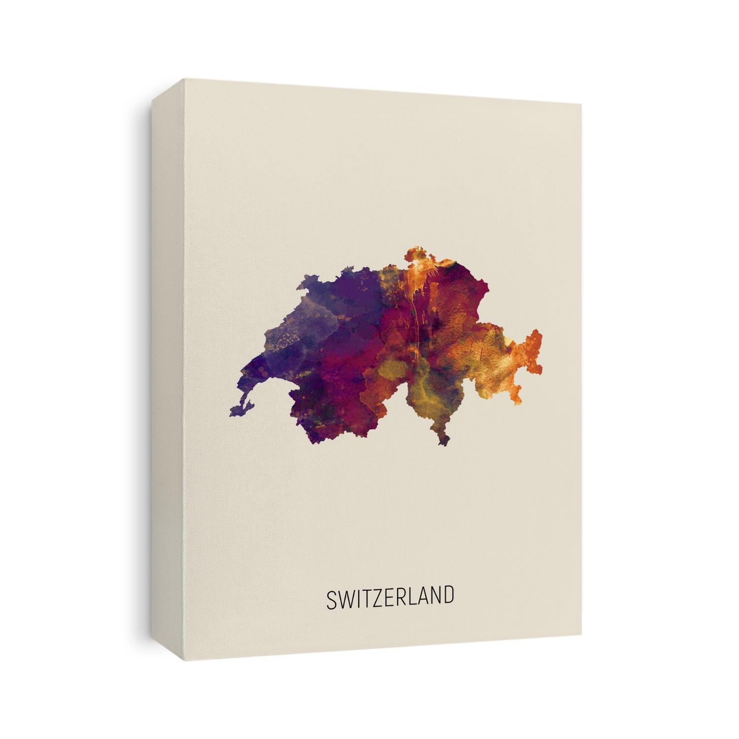 A watercolor map of Switzerland