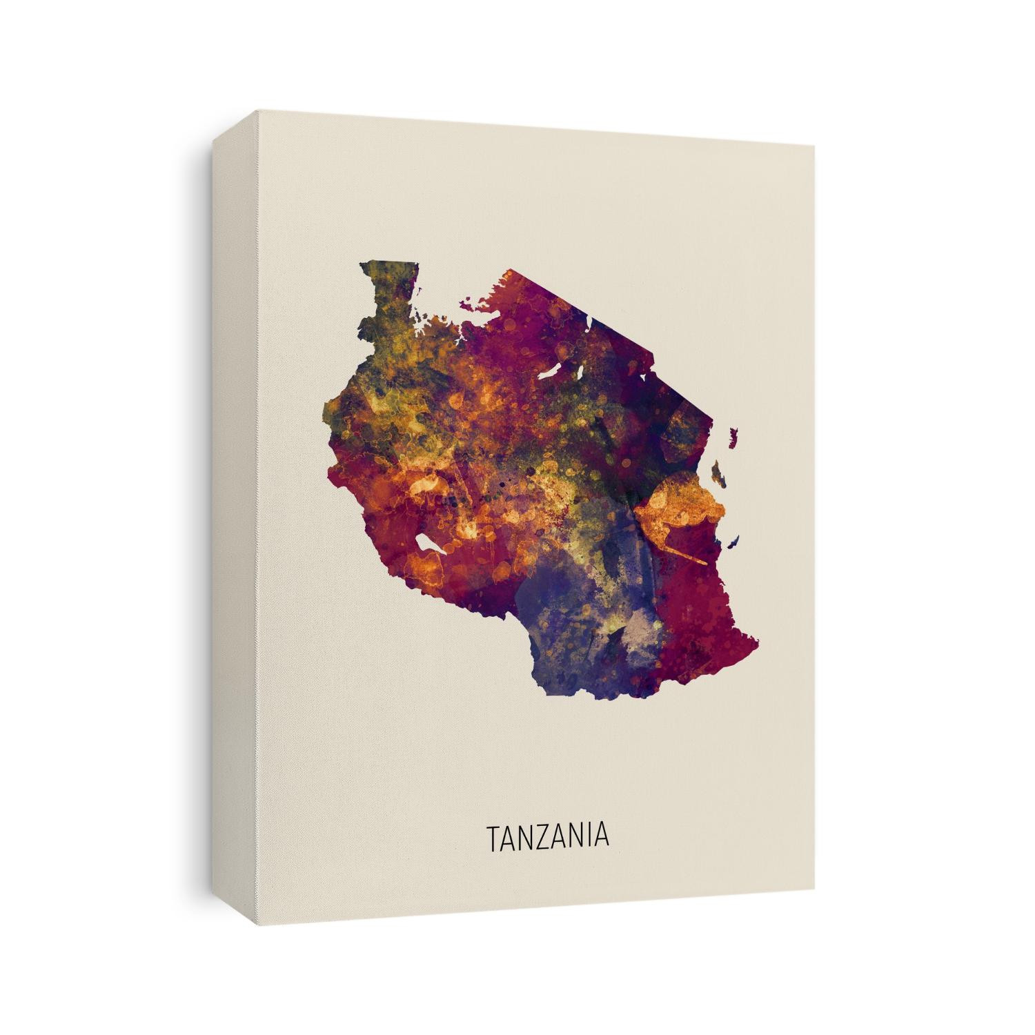 A watercolor map of Tanzania