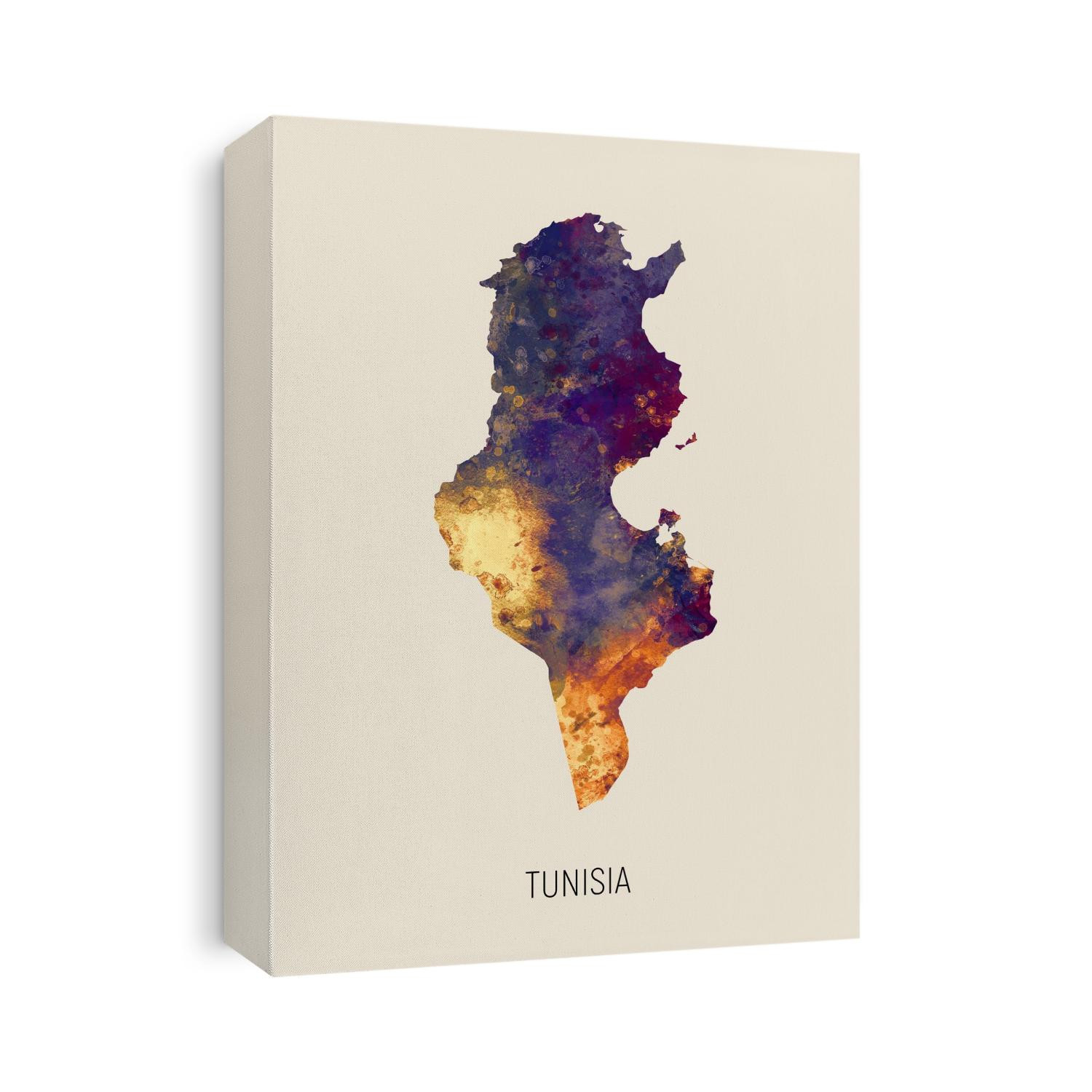 A watercolor map of Tunisia