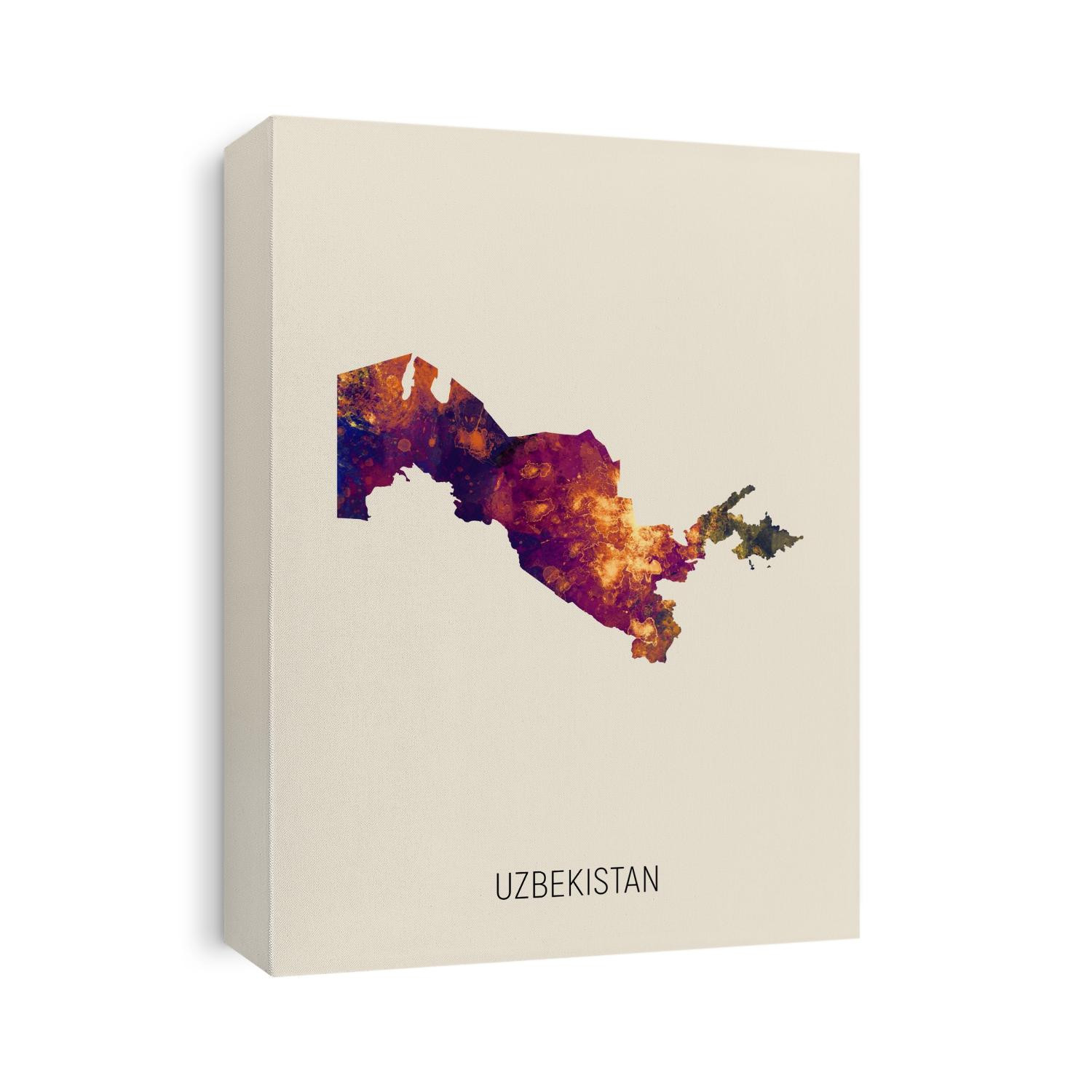 A watercolor map of Uzbekistan