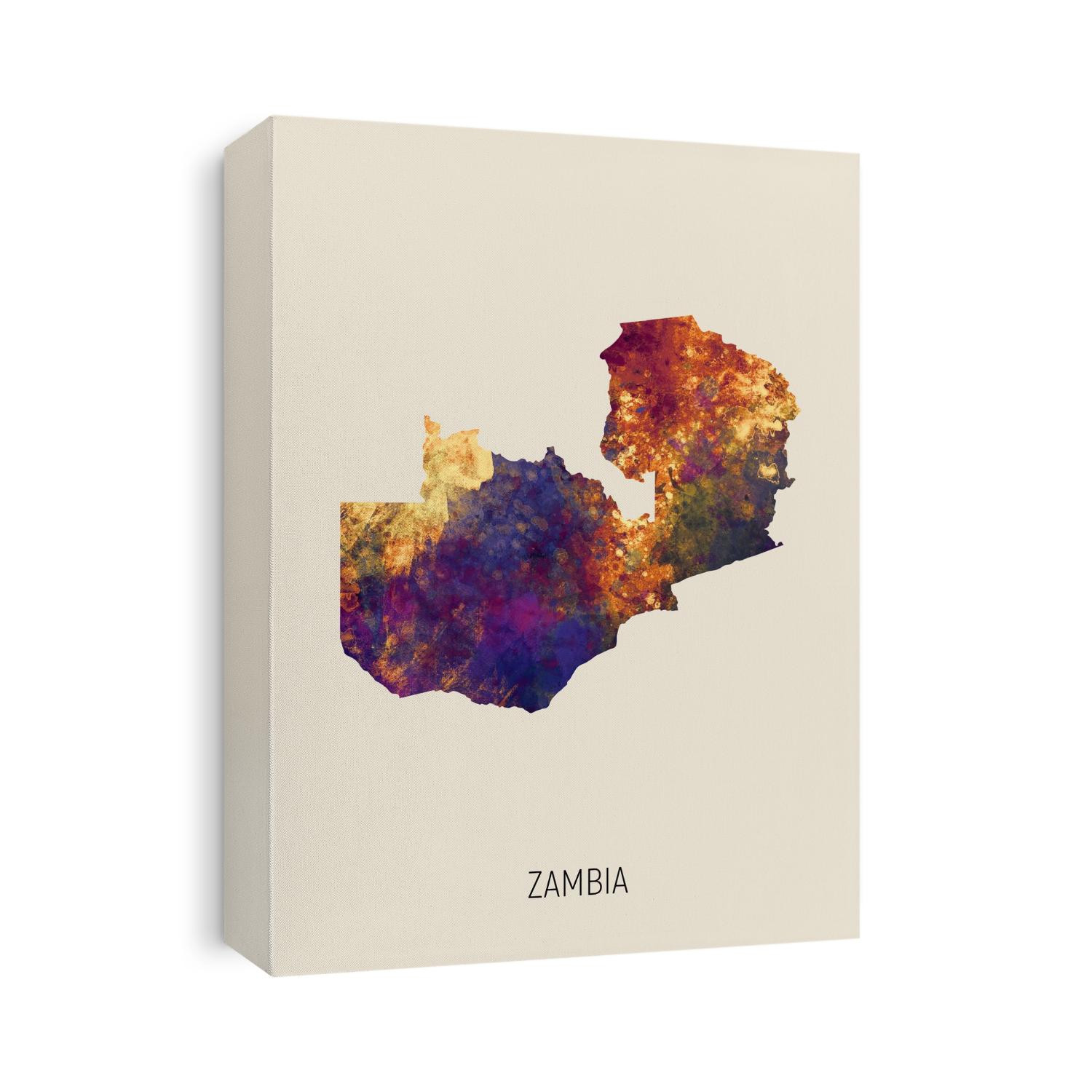 A watercolor map of Zambia