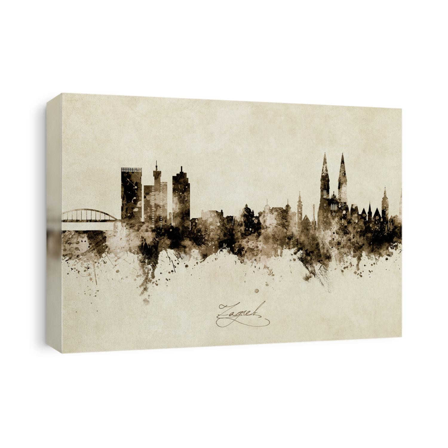 Watercolor art print of the skyline of Zagreb, Croatia