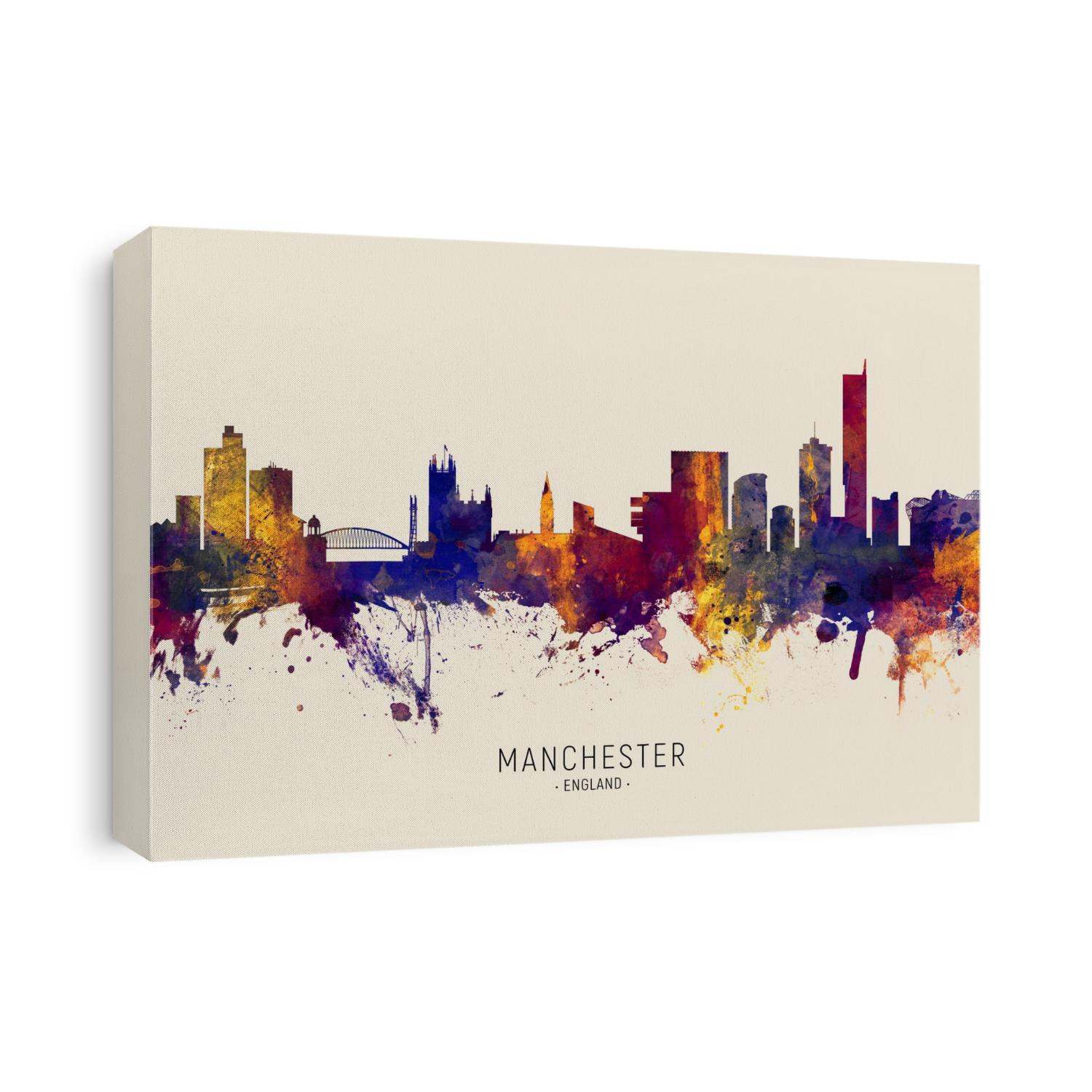 Watercolor art print of the skyline of Manchester, England, United Kingdom