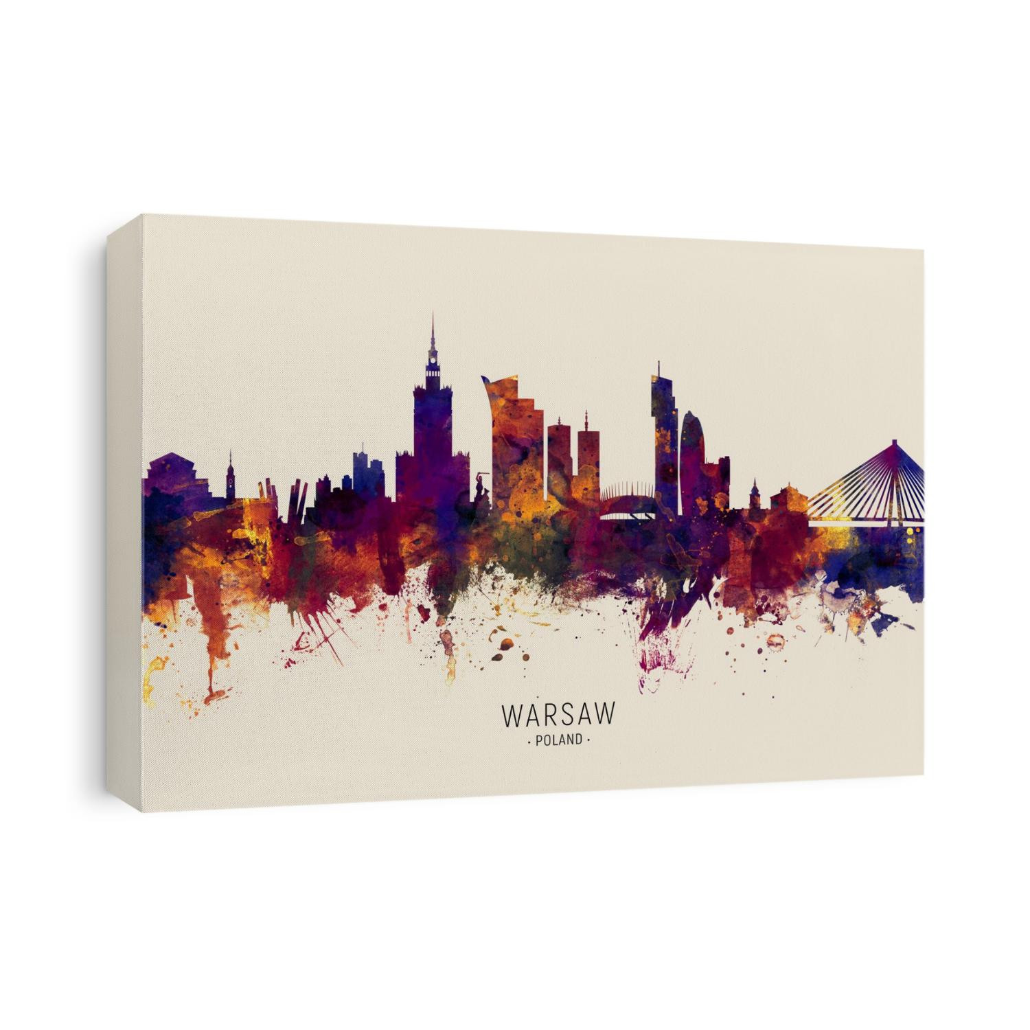 Watercolor art print of the skyline of Warsaw, Poland