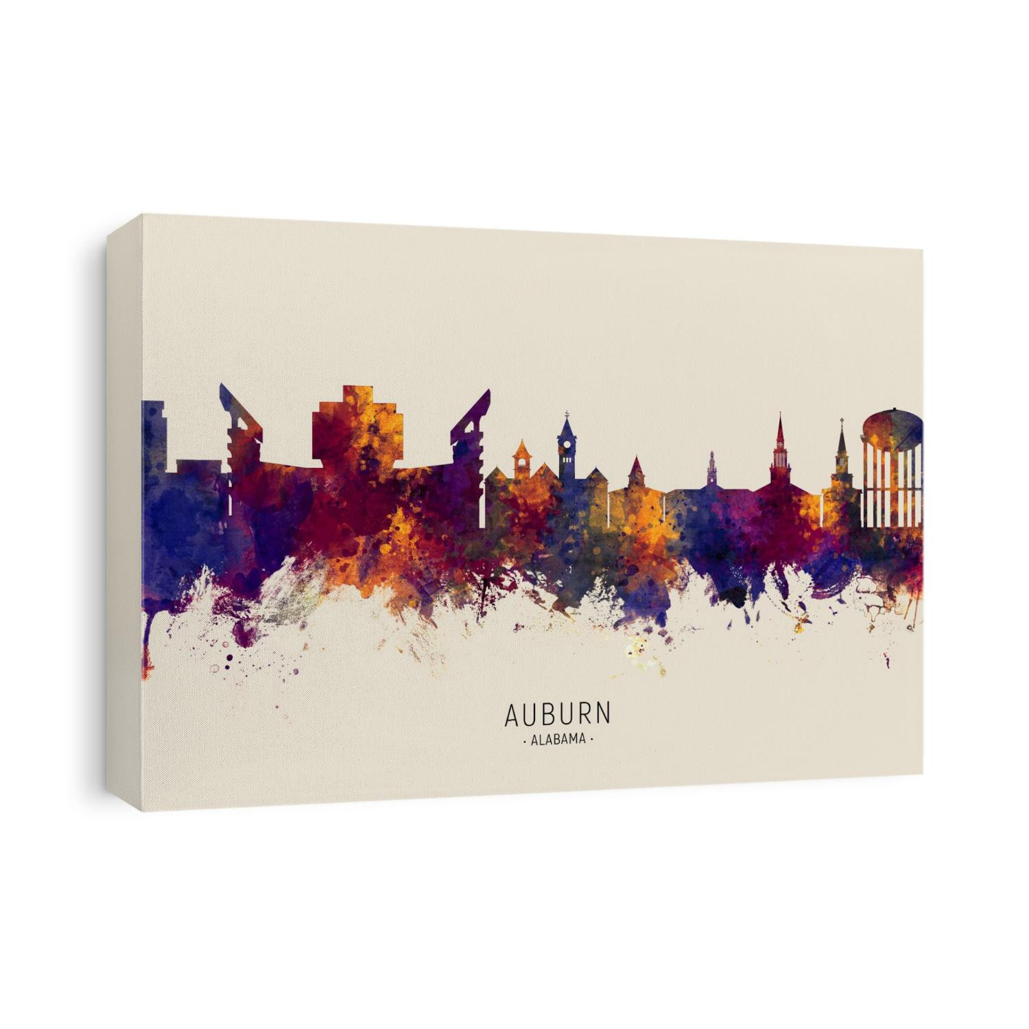 Watercolor art print of the skyline of Auburn, Alabama