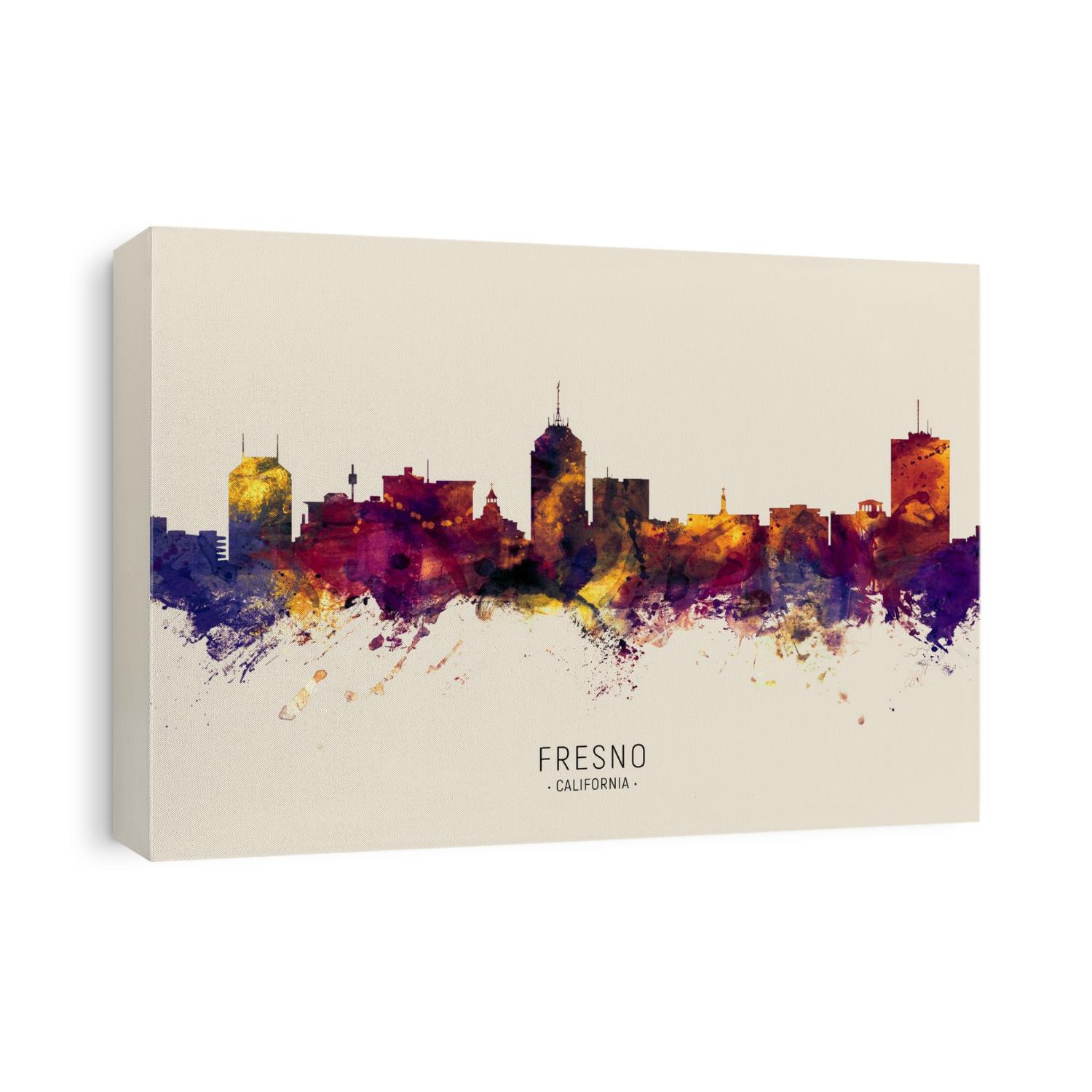 Watercolor art print of the skyline of Fresno, California, United States