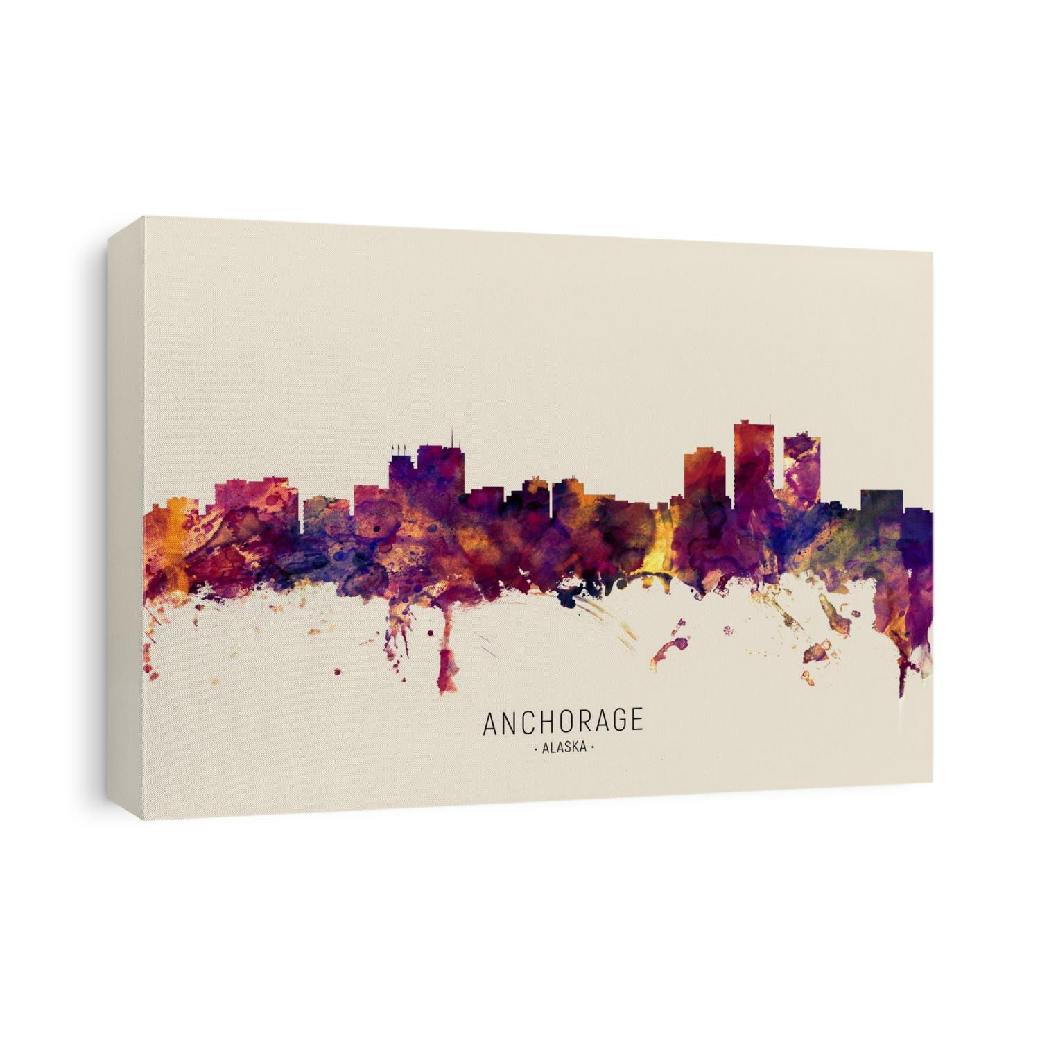 Watercolor art print of the skyline of Anchorage, Alaska, United States