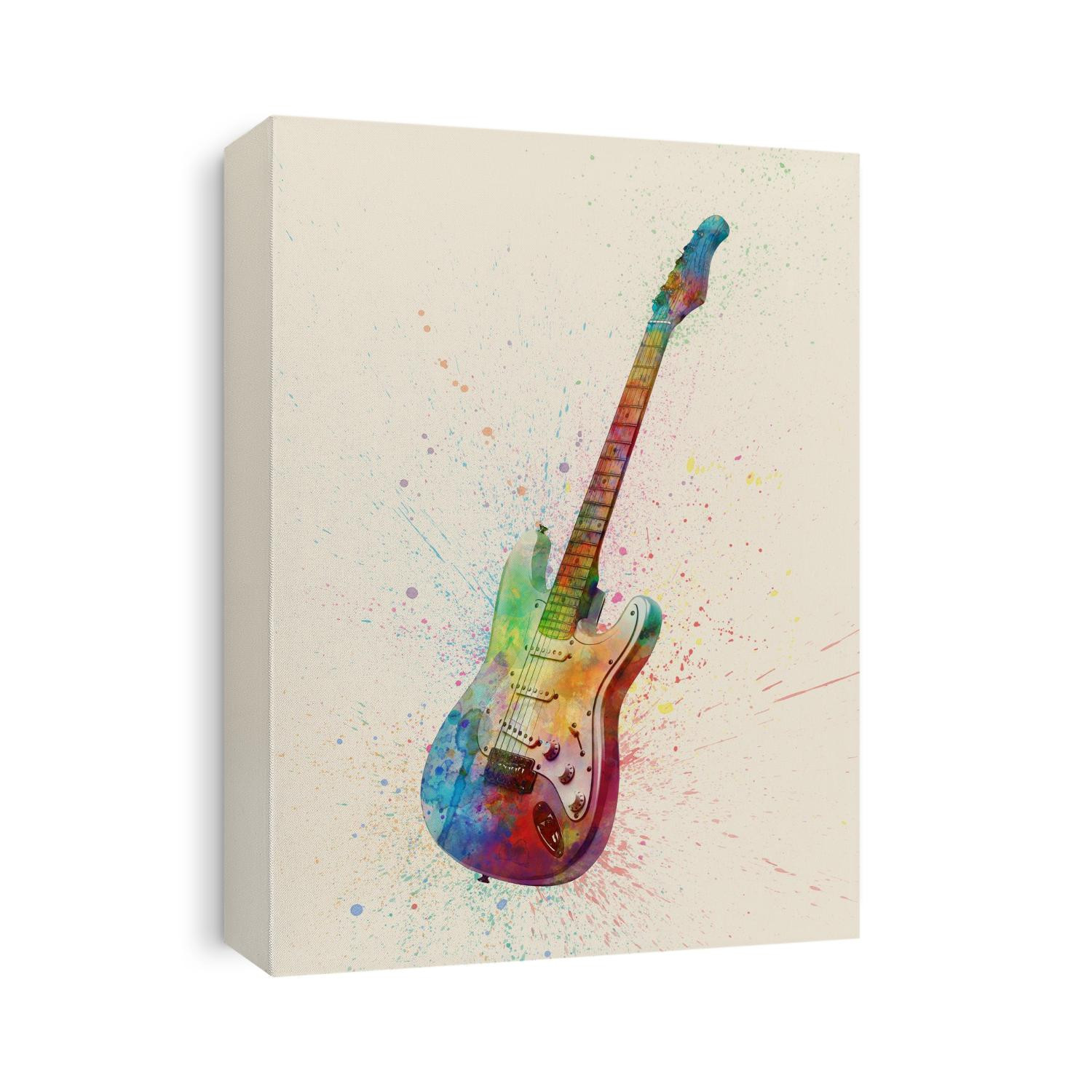 An abstract watercolor print of an electric guitar