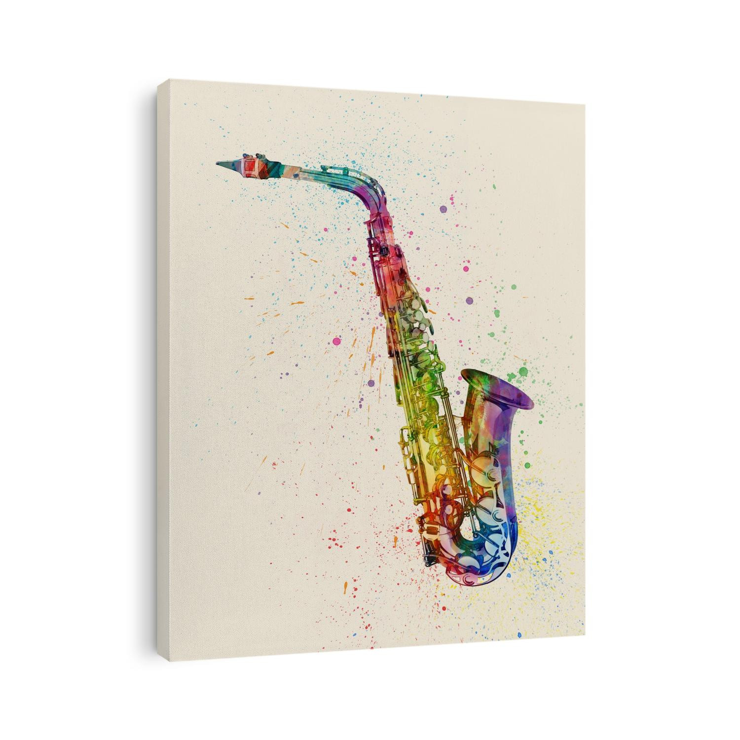 An abstract watercolor print of a Saxophone