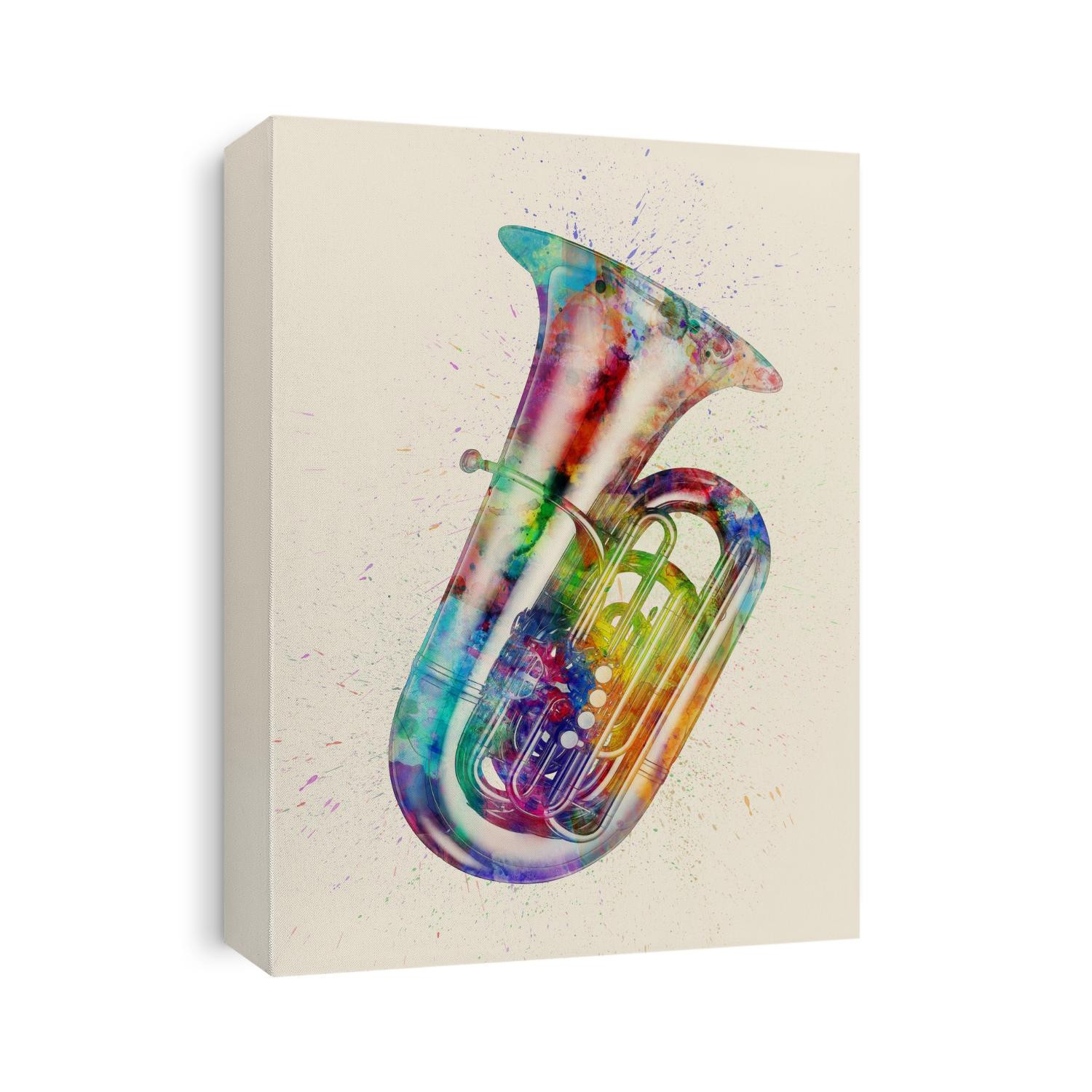 An abstract watercolor print of a Tuba