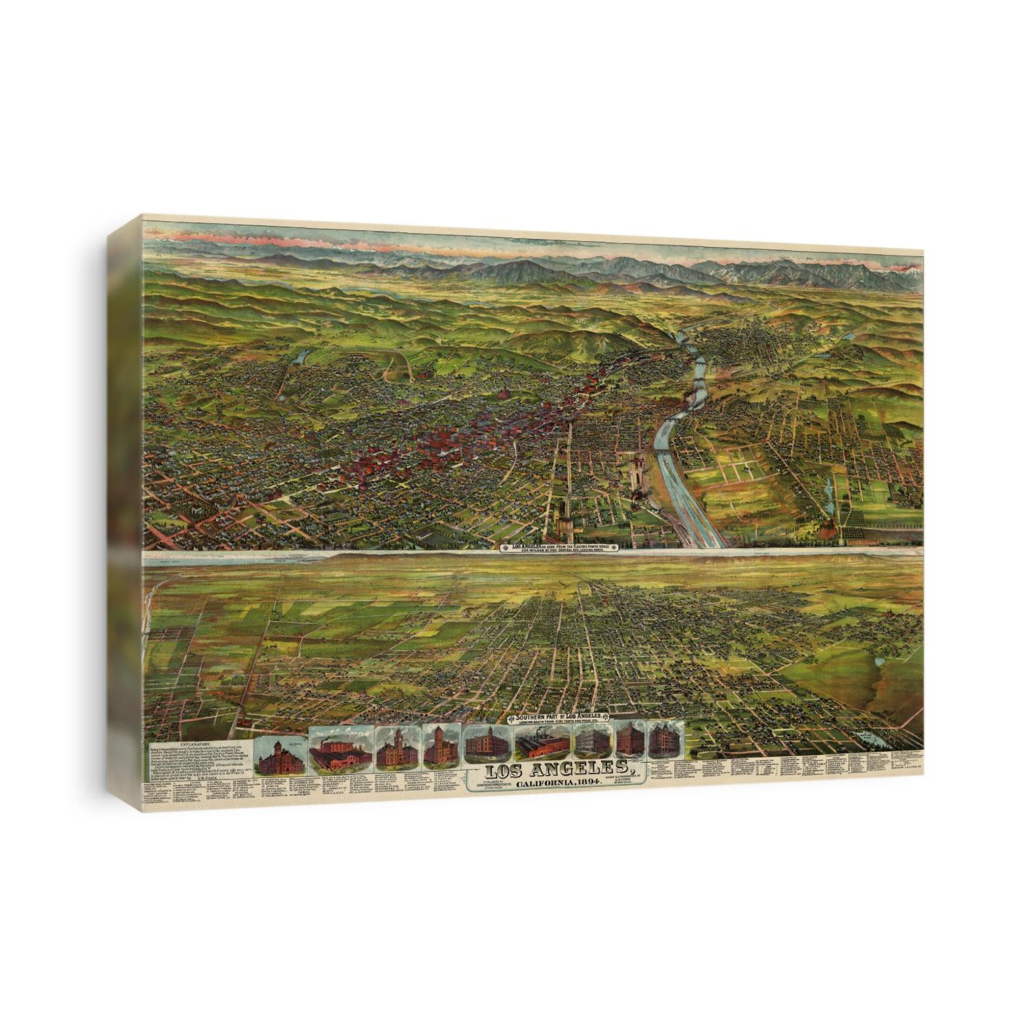 Old bird's eye view map of Los Angeles, California from 1894 by B. W. Pierce.