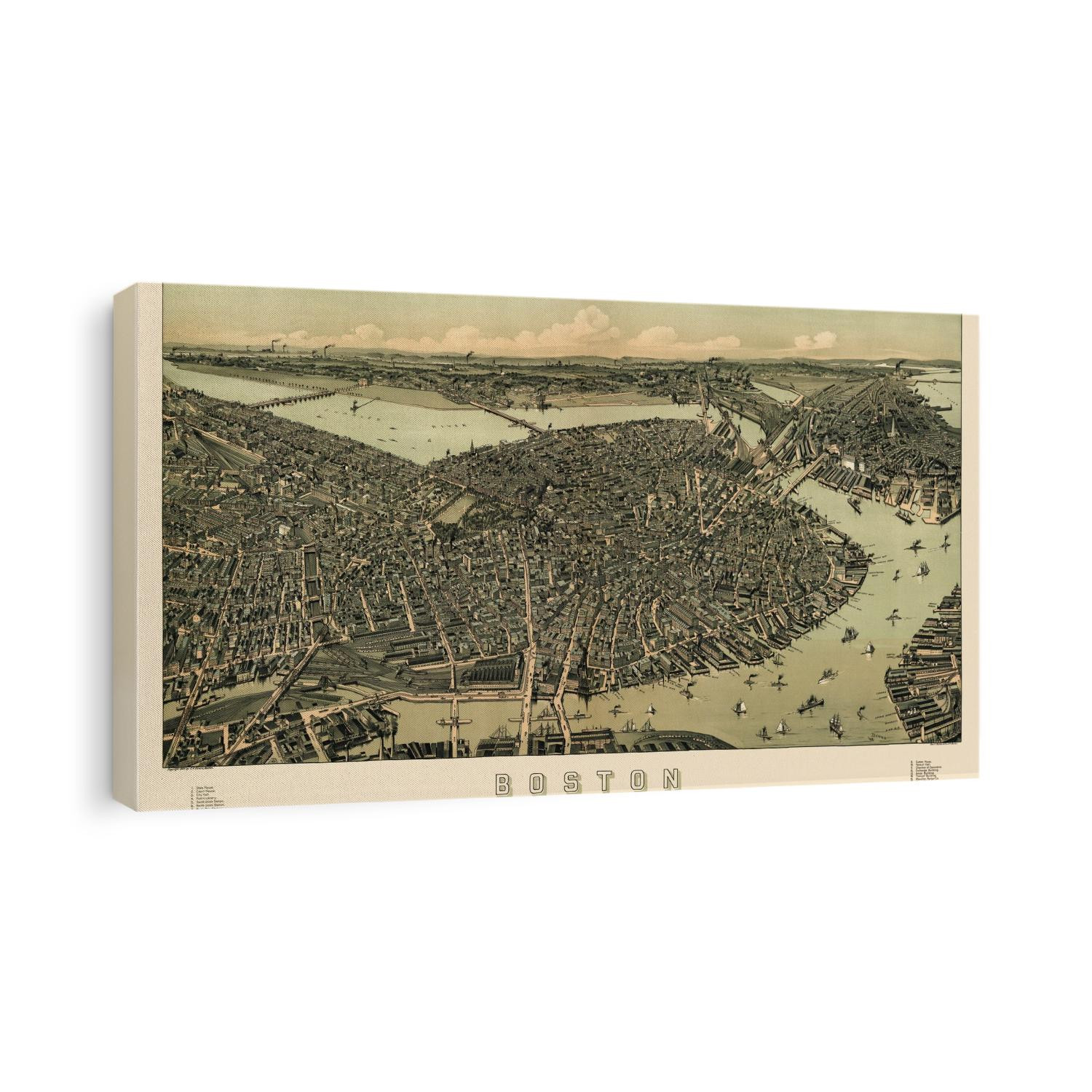Old bird's eye view map of Boston, Massachusetts from c1899 by A. E. Downs.