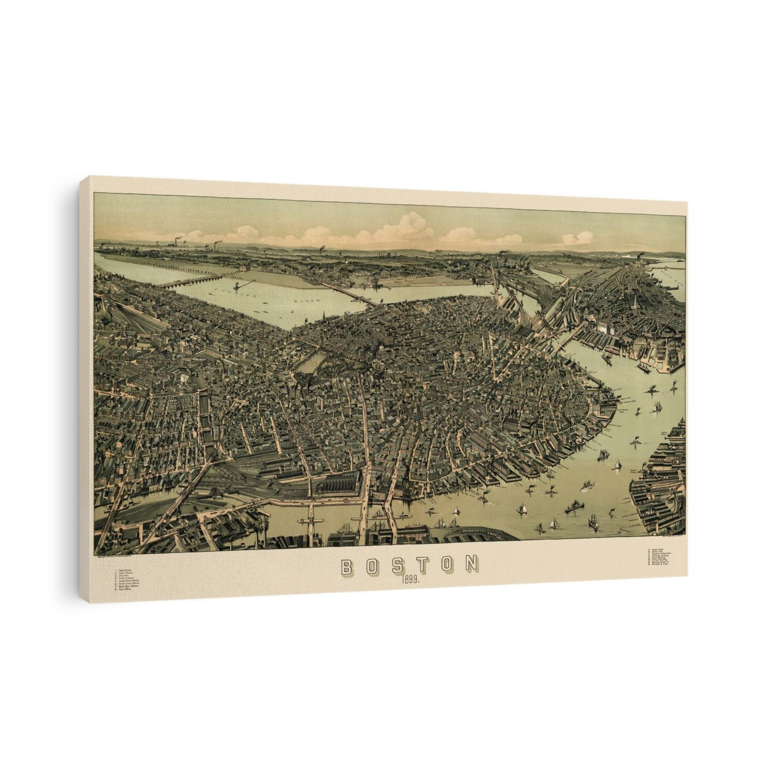 Old bird's eye view map of Boston, Massachusetts from c1899 by A. E. Downs.