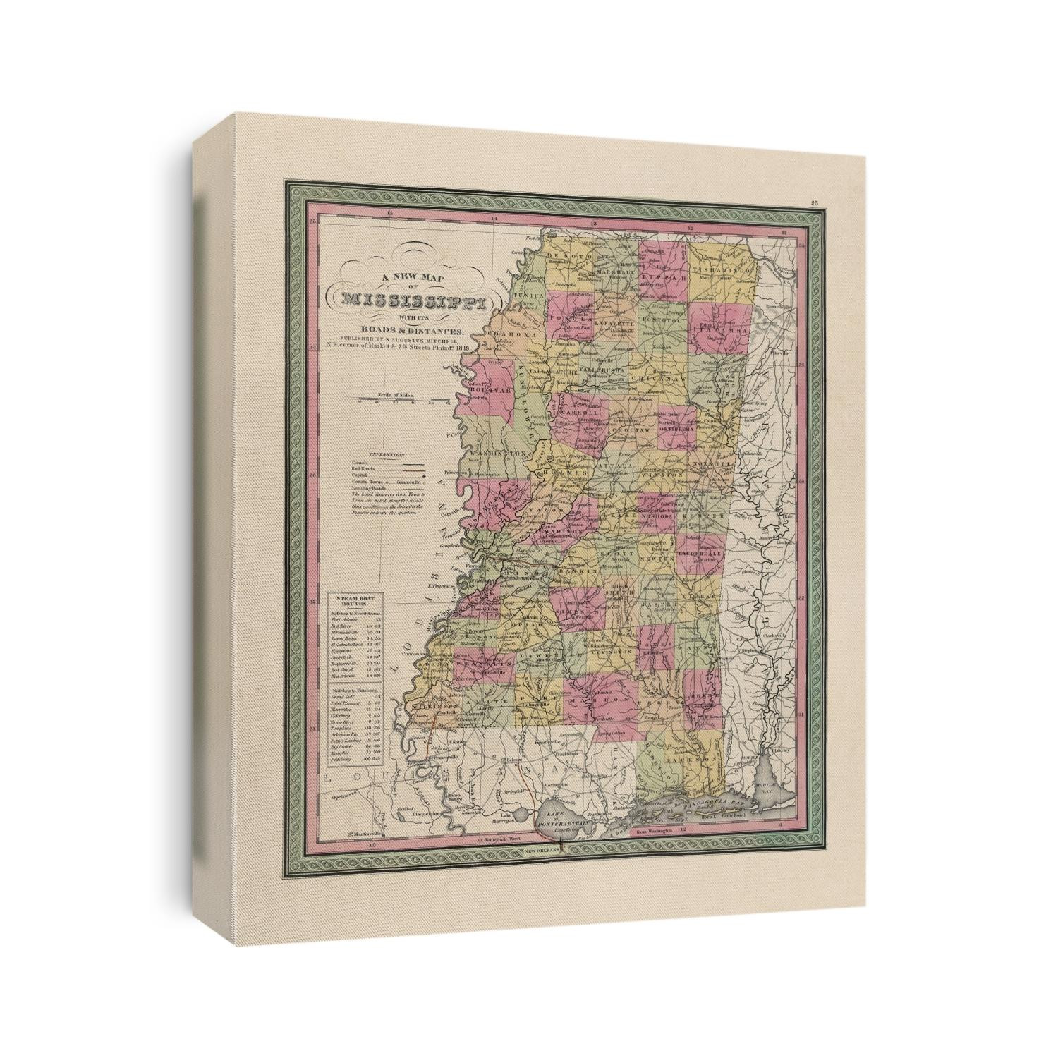 Old map of Mississippi from 1849 by Samuel Augustus Mitchell.
