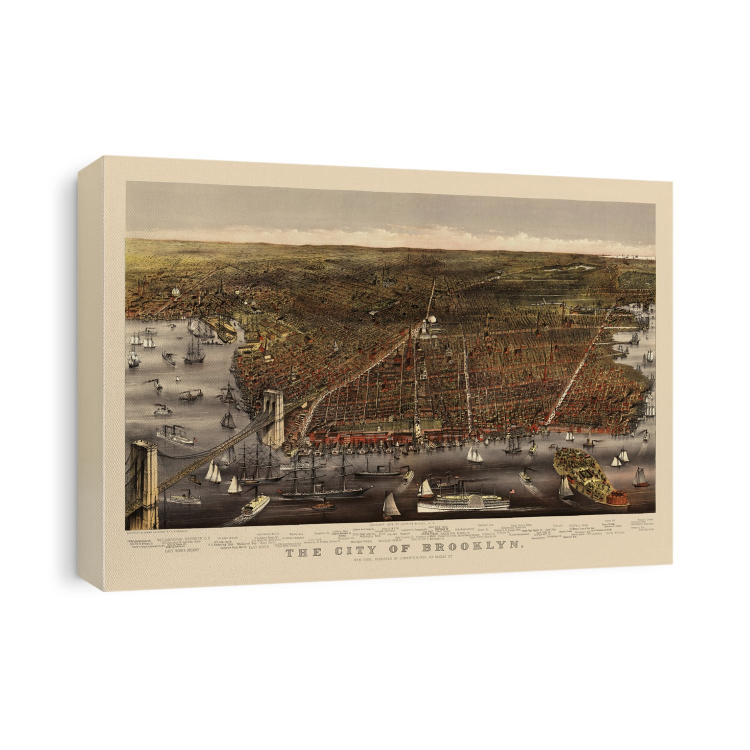 Old bird's eye view map of Brooklyn, New York City from c1879 by Currier and Ives.