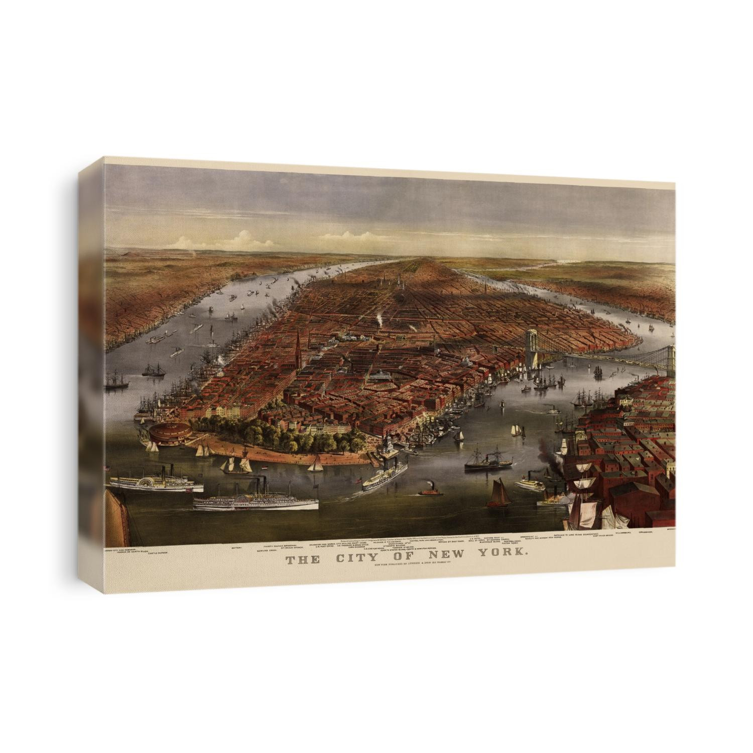 Old bird's eye view map of Manhattan, New York City from 1870 by Currier and Ives.