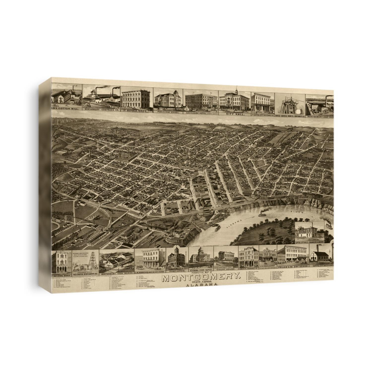 Old bird's eye view map of Montgomery, Alabama from 1887 by H. Wellge.
