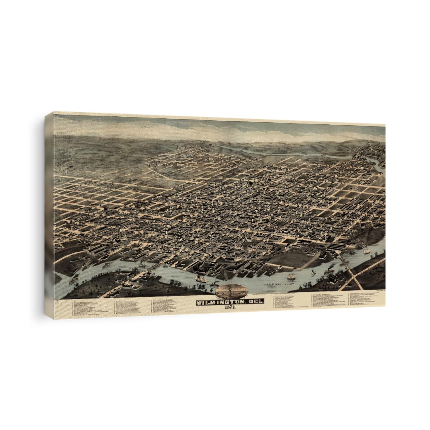 Old bird's eye view map of Wilmington, Delaware from 1874 by H. H. Bailey and Co.