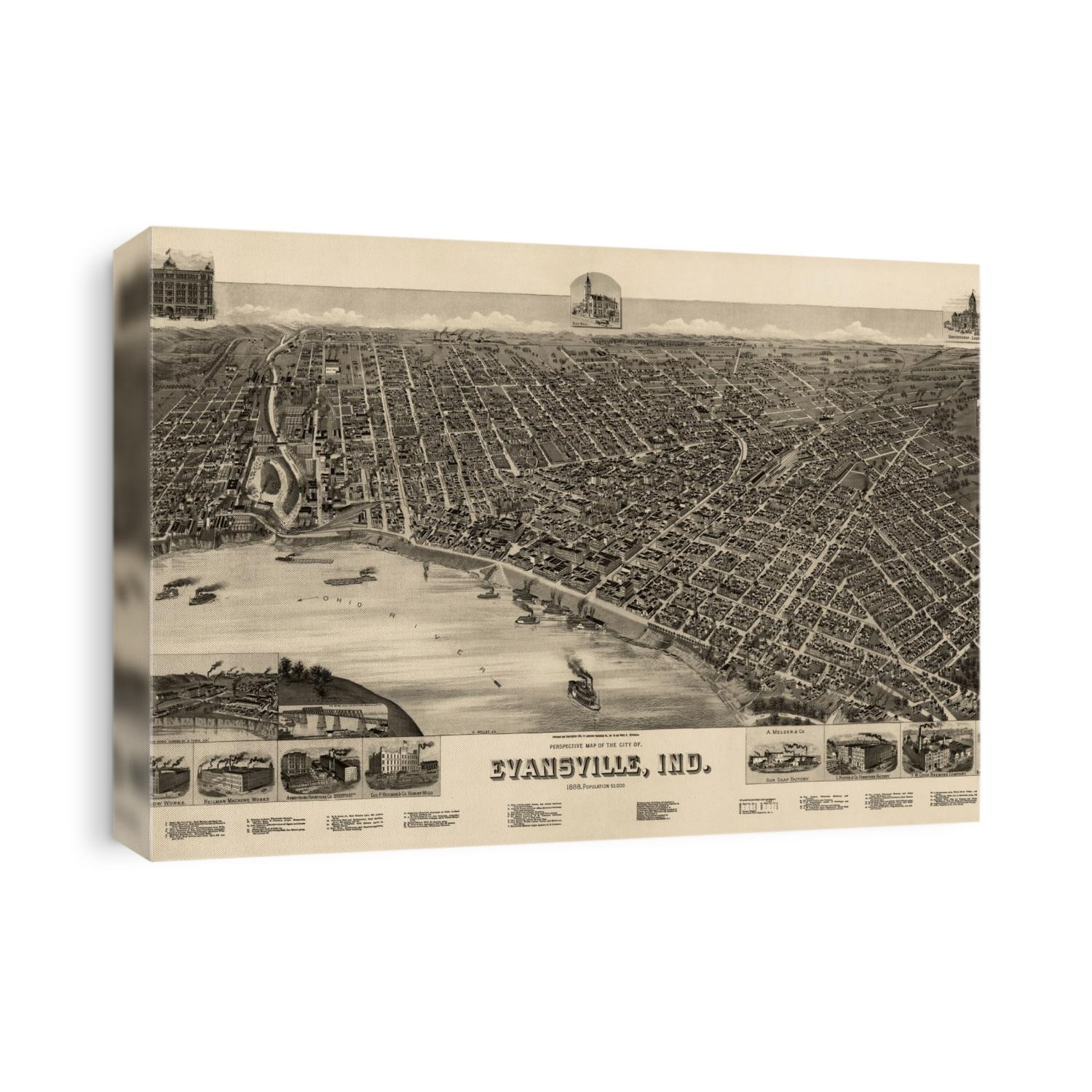 Old bird's eye view map of Evansville, Indiana from 1888 by H. Wellge.