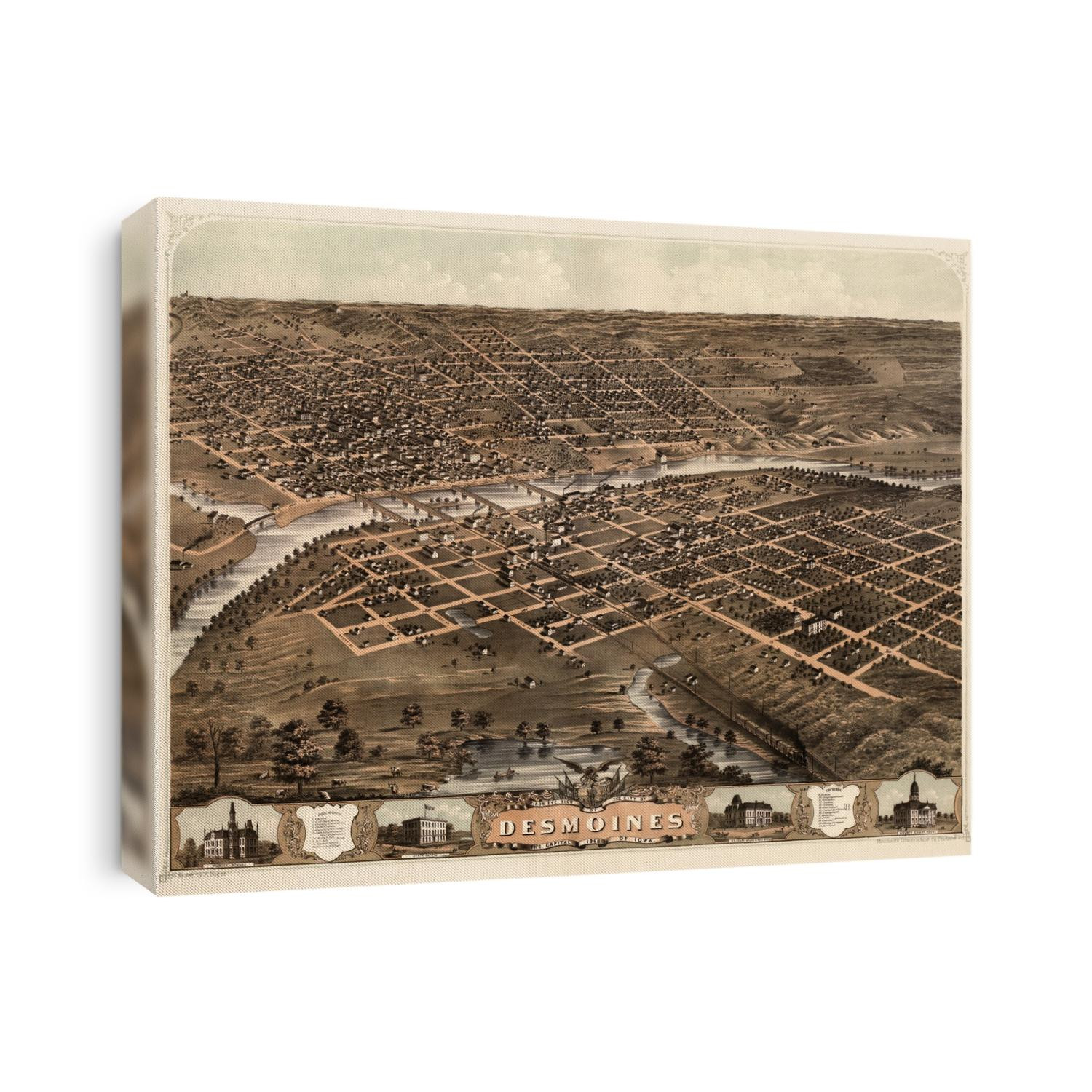 Old bird's eye view map of Des Moines, Iowa from 1868 by A. Ruger.
