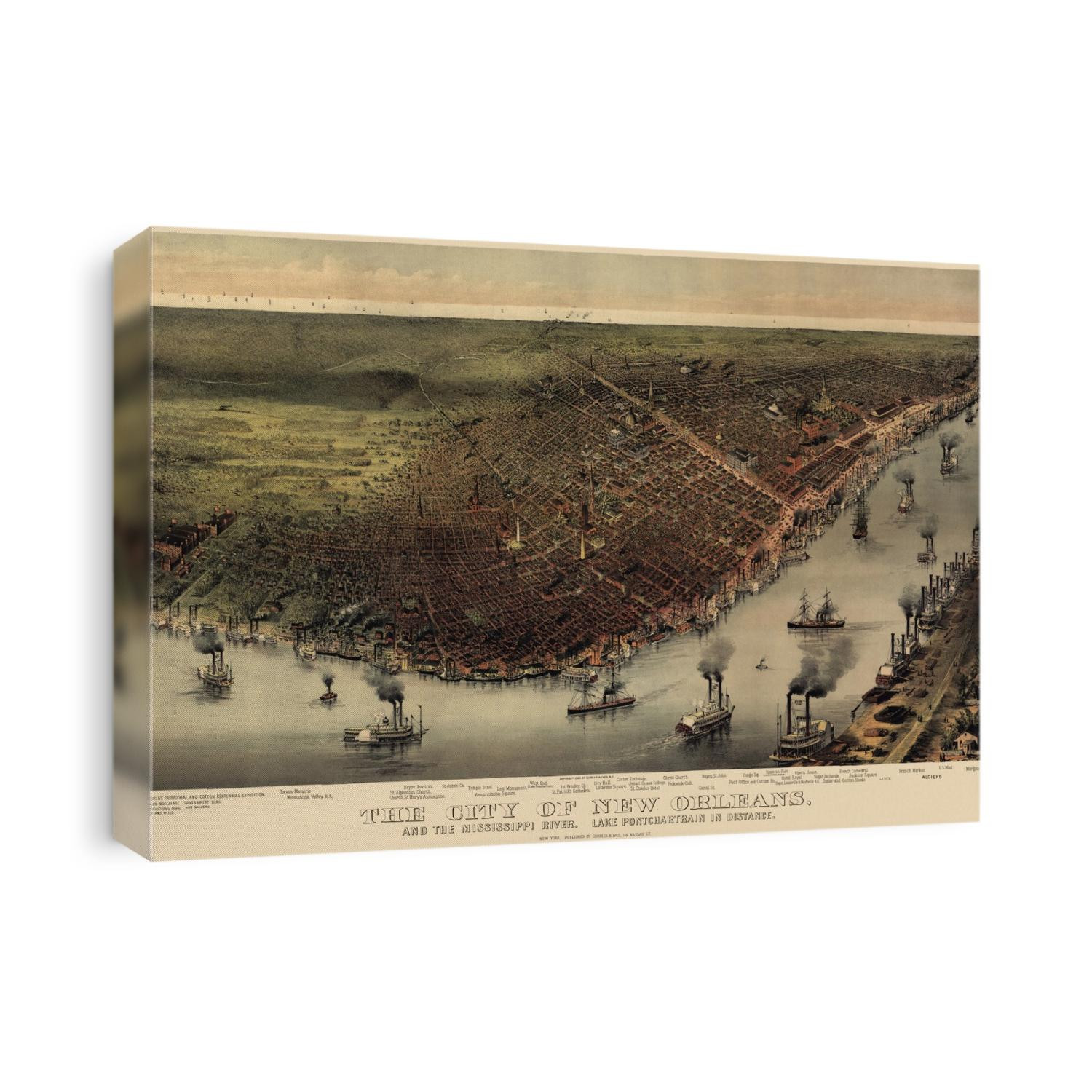 Old bird's eye view map of New Orleans, Louisiana from c1885 by Currier and Ives.