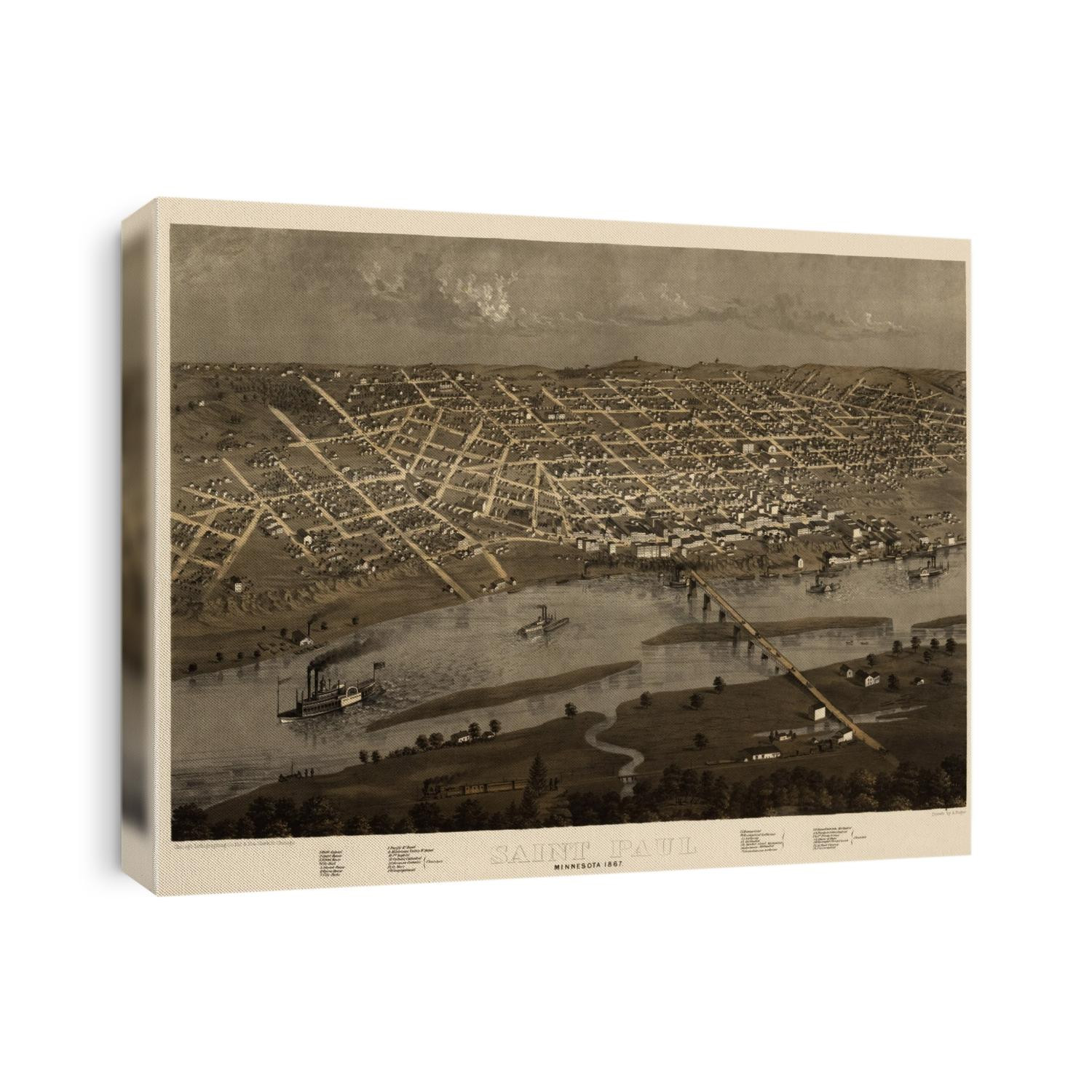Old bird's eye view map of Saint Paul, Minnesota from 1867 by A. Ruger.