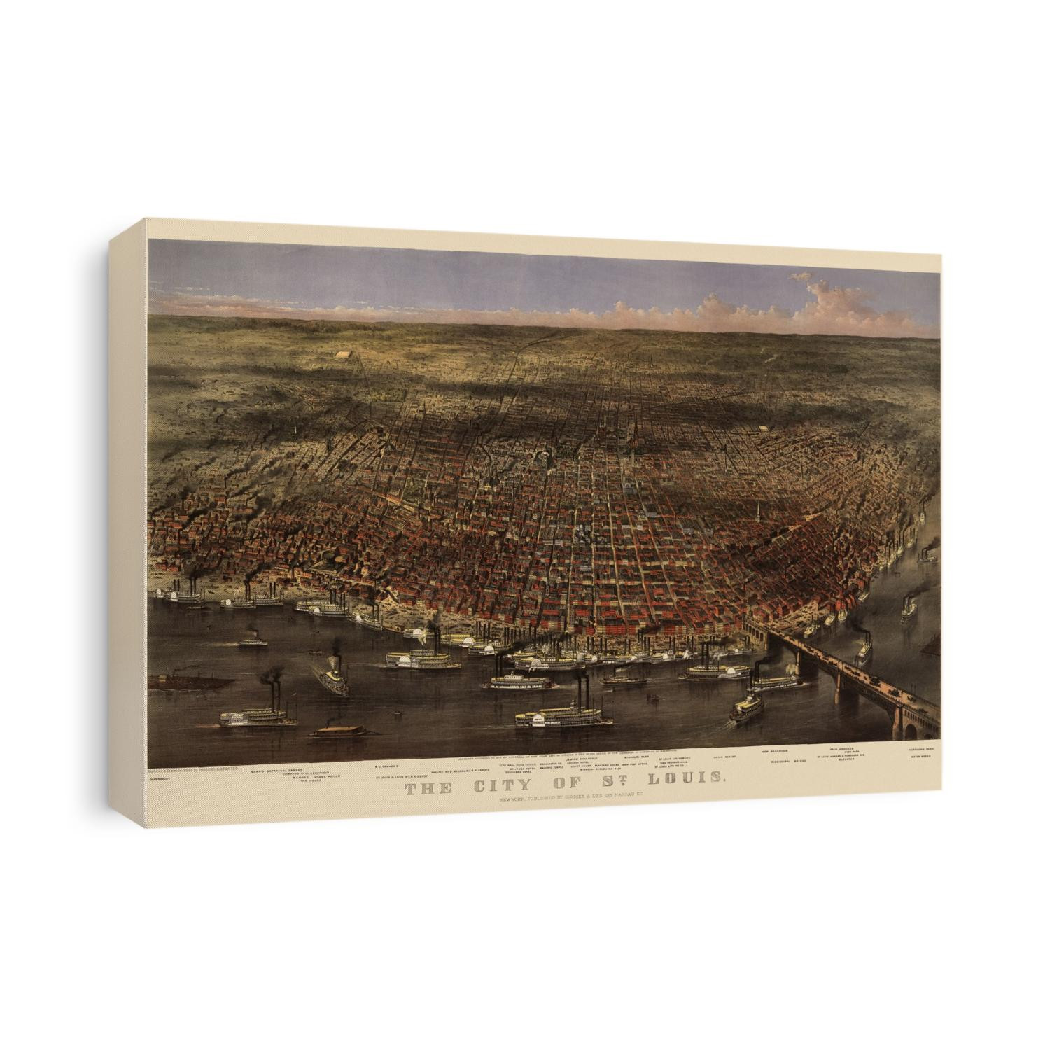 Old bird's eye view map of Saint Louis, Missouri from 1874 by Currier and Ives.