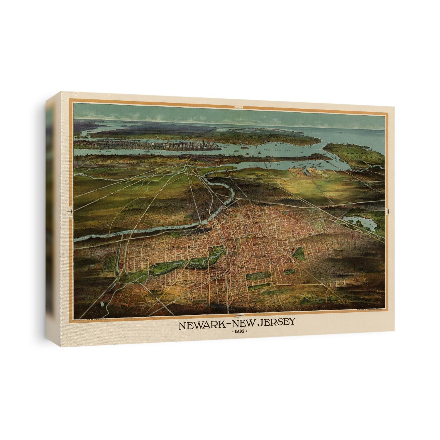 Old bird's eye view map of Newark, New Jersey from 1916 by T. J. Shepherd Landis.
