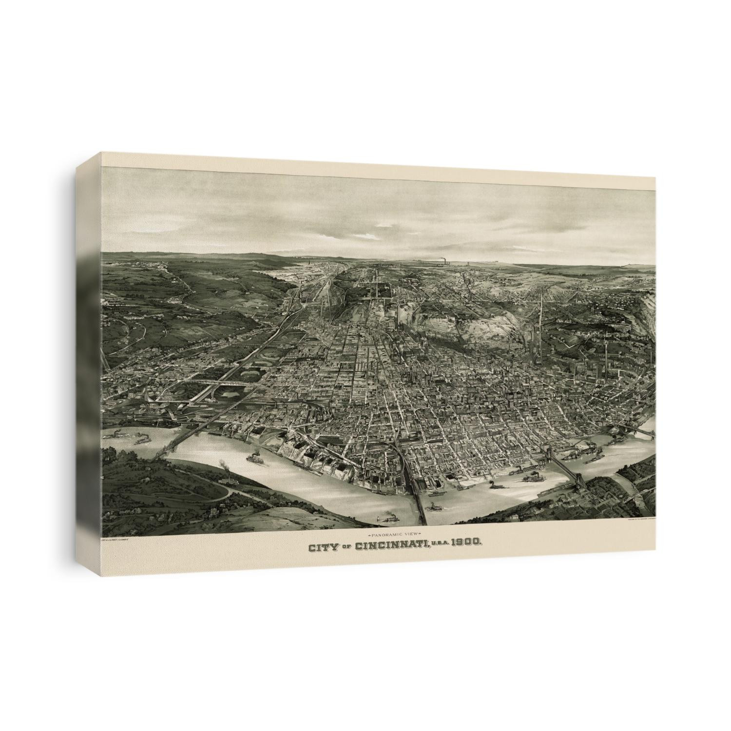 Old bird's eye view map of Cincinnati, Ohio from 1900 by John L. Trout.
