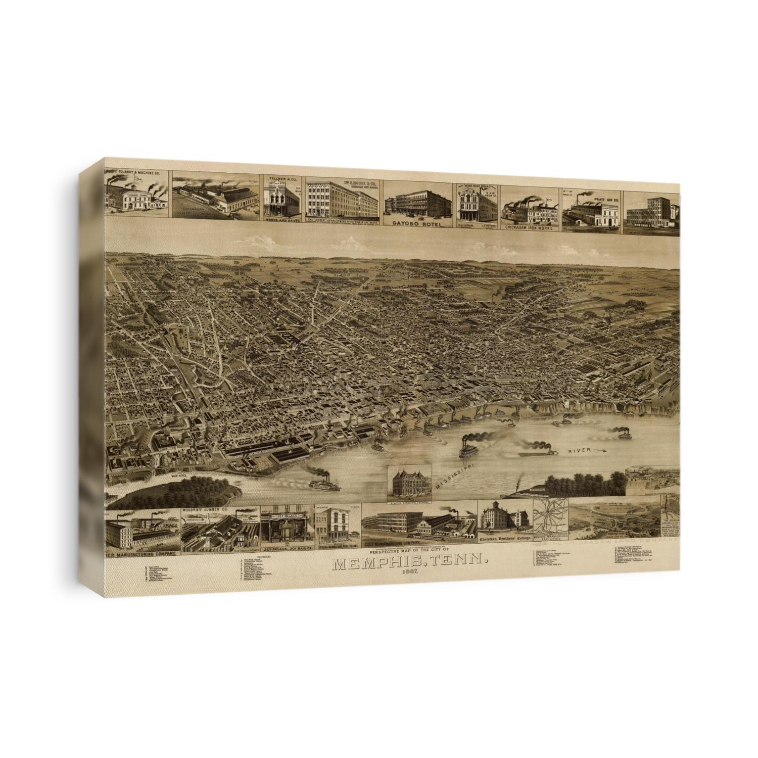 Old bird's eye view map of Memphis, Tennessee from 1887 by H. Wellge.