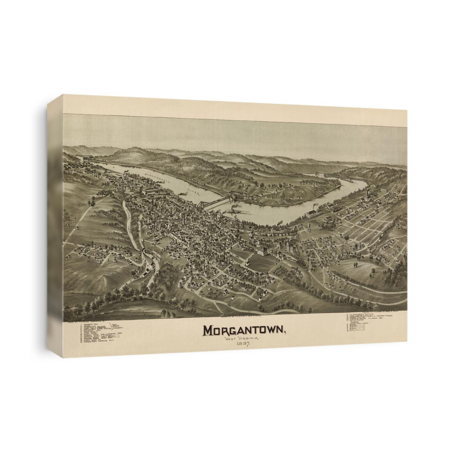 Old bird's eye view map of Morgantown, West Virginia from 1897 by T. M. Fowler.