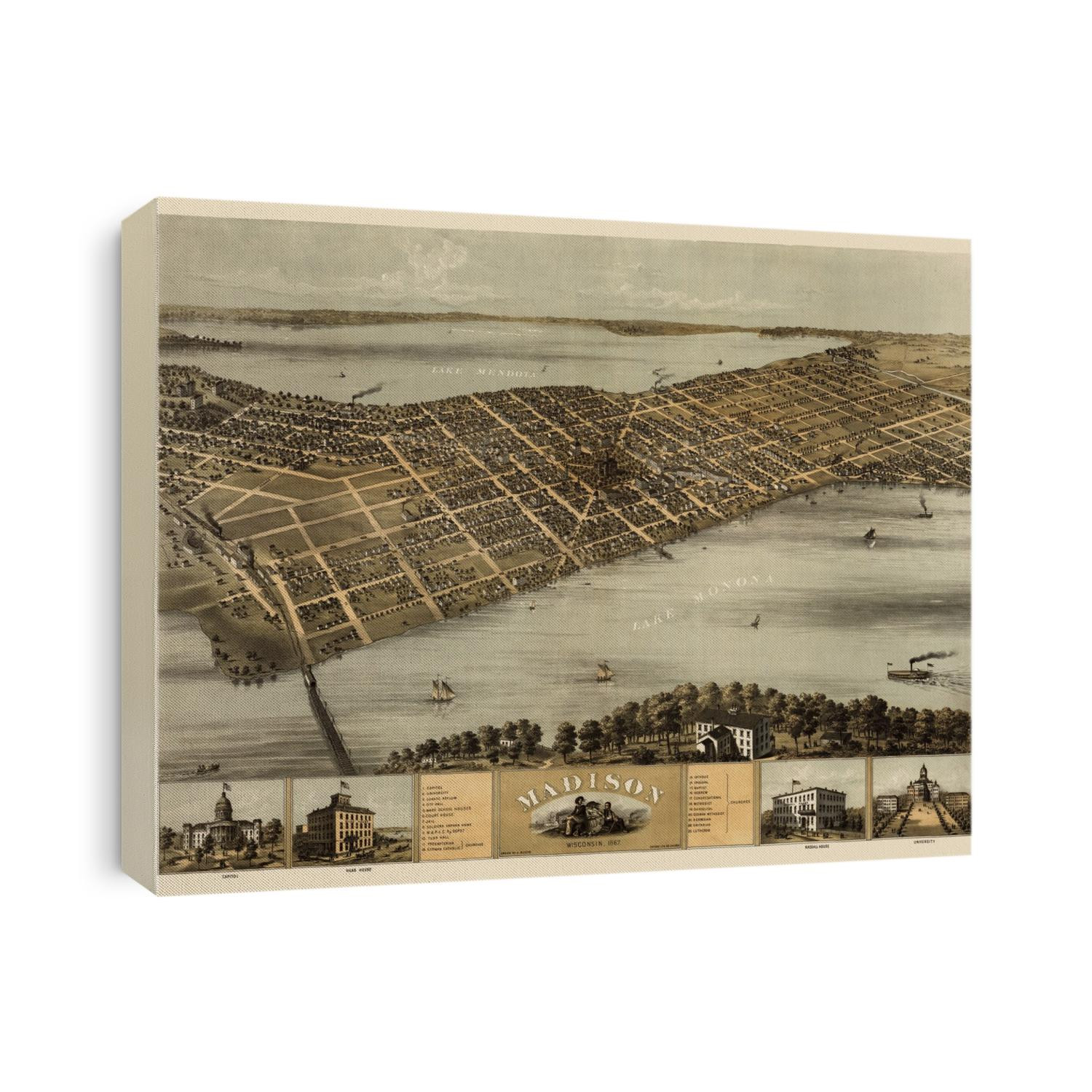 Old bird's eye view map of Madison, Wisconsin from 1867 by A. Ruger.